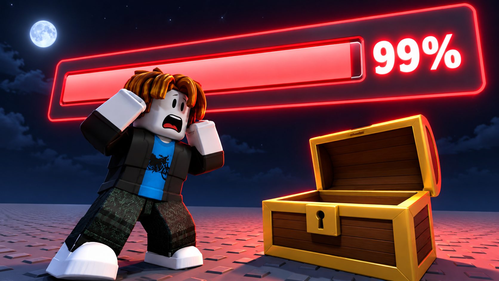 Avatar de Roblox ante una barra de carga atascada en el 99 % y un cofre vacío