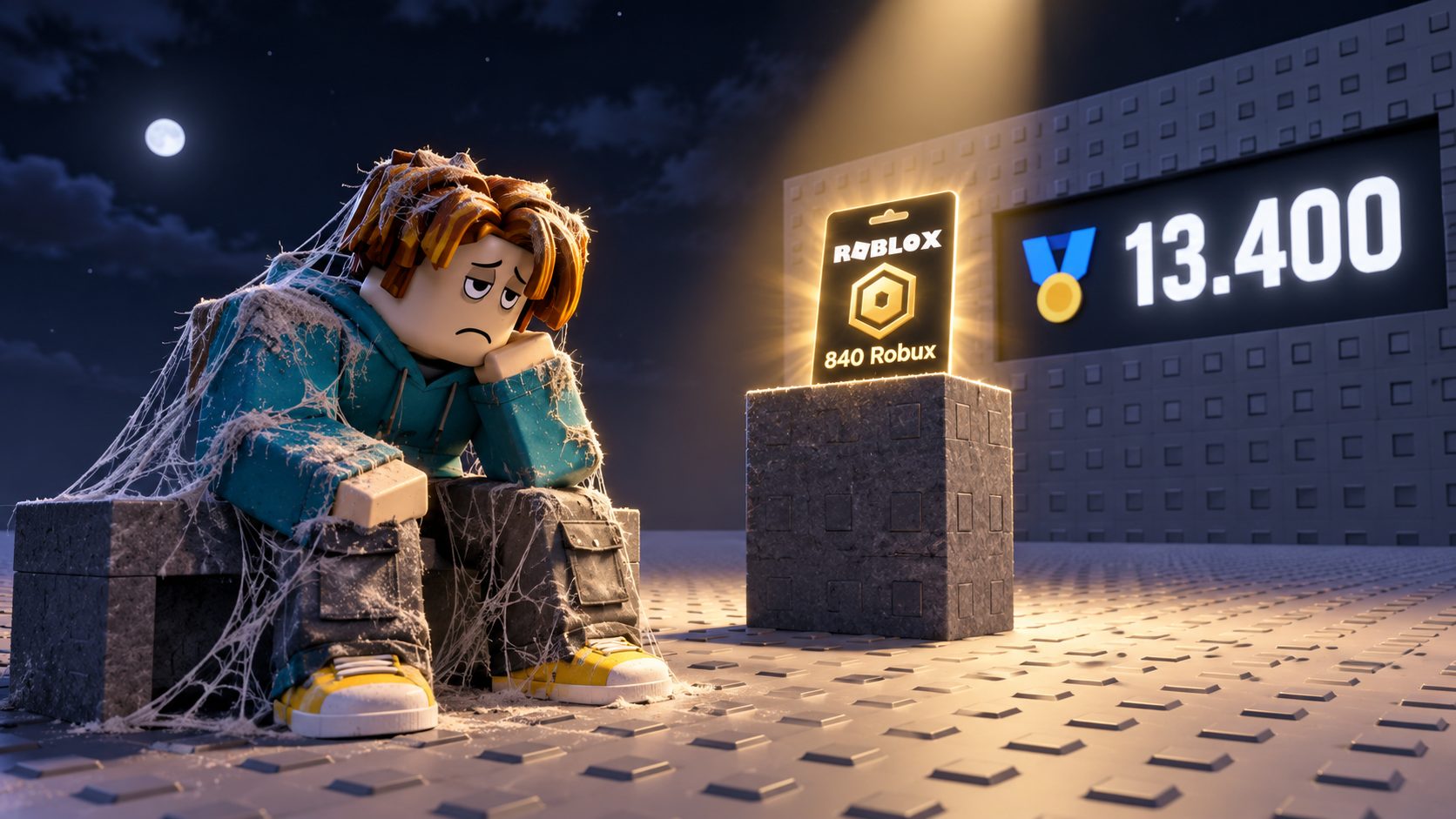 Avatar de Roblox cubierto de telarañas esperando una tarjeta de 840 Robux