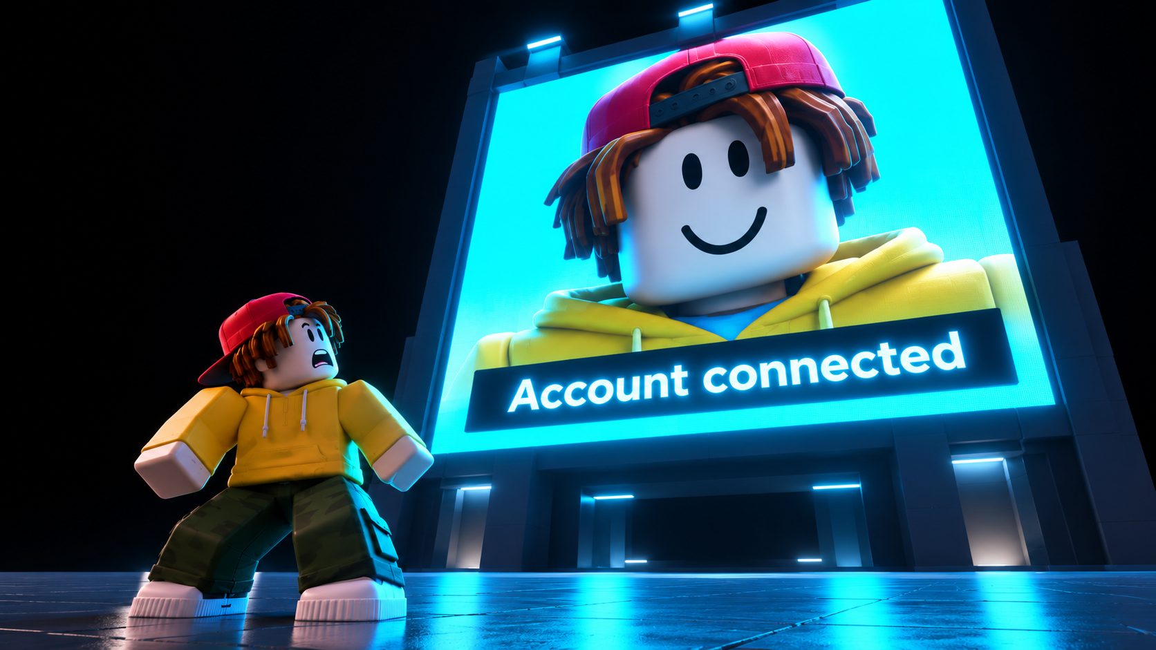 Avatar de Roblox sorprendido ante una pantalla gigante con su propia cara y el texto Account connected