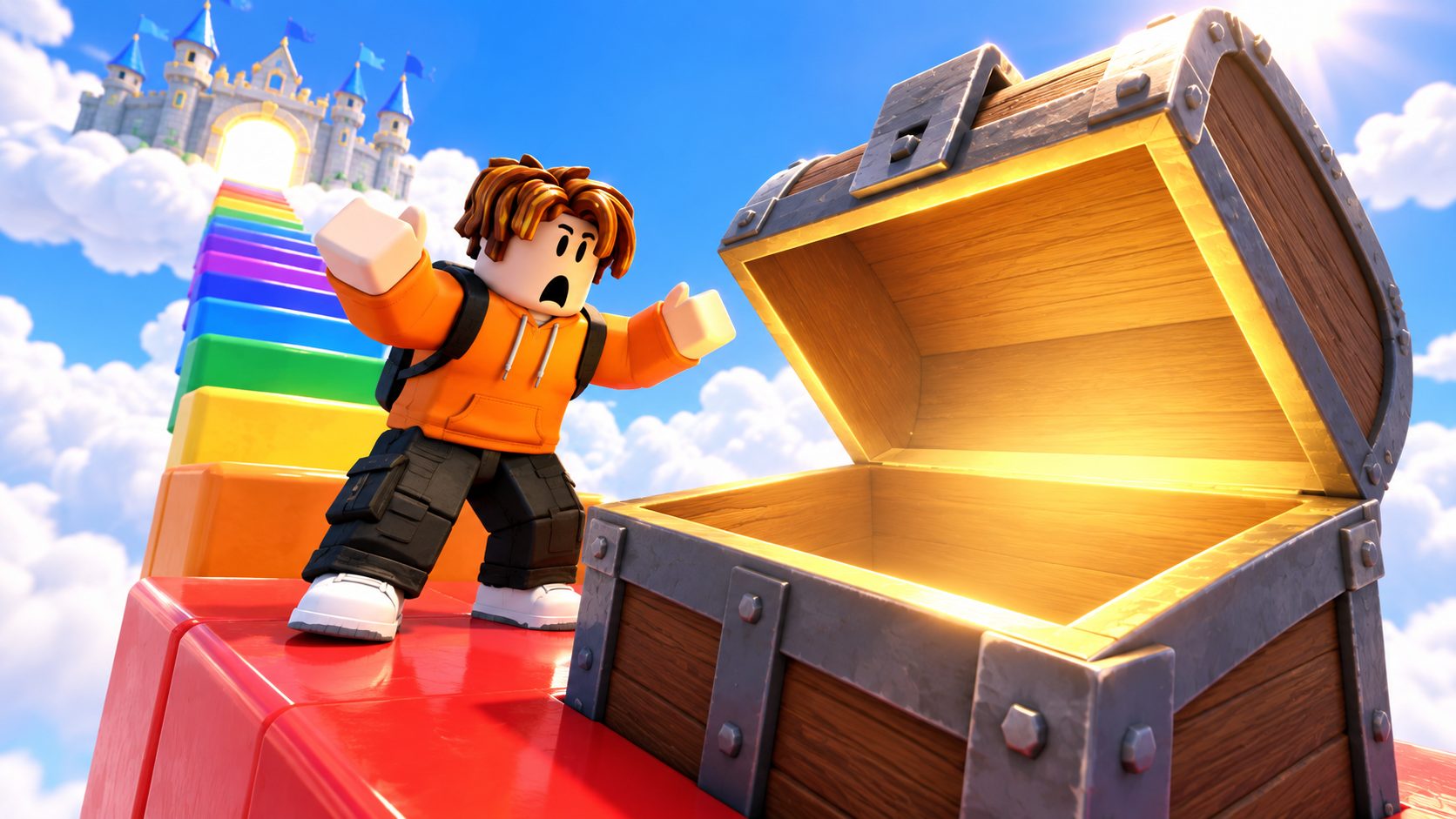 Avatar de Roblox sorprendido ante un cofre abierto y vacío al final de una escalera de bloques de colores que sube a un castillo en las nubes