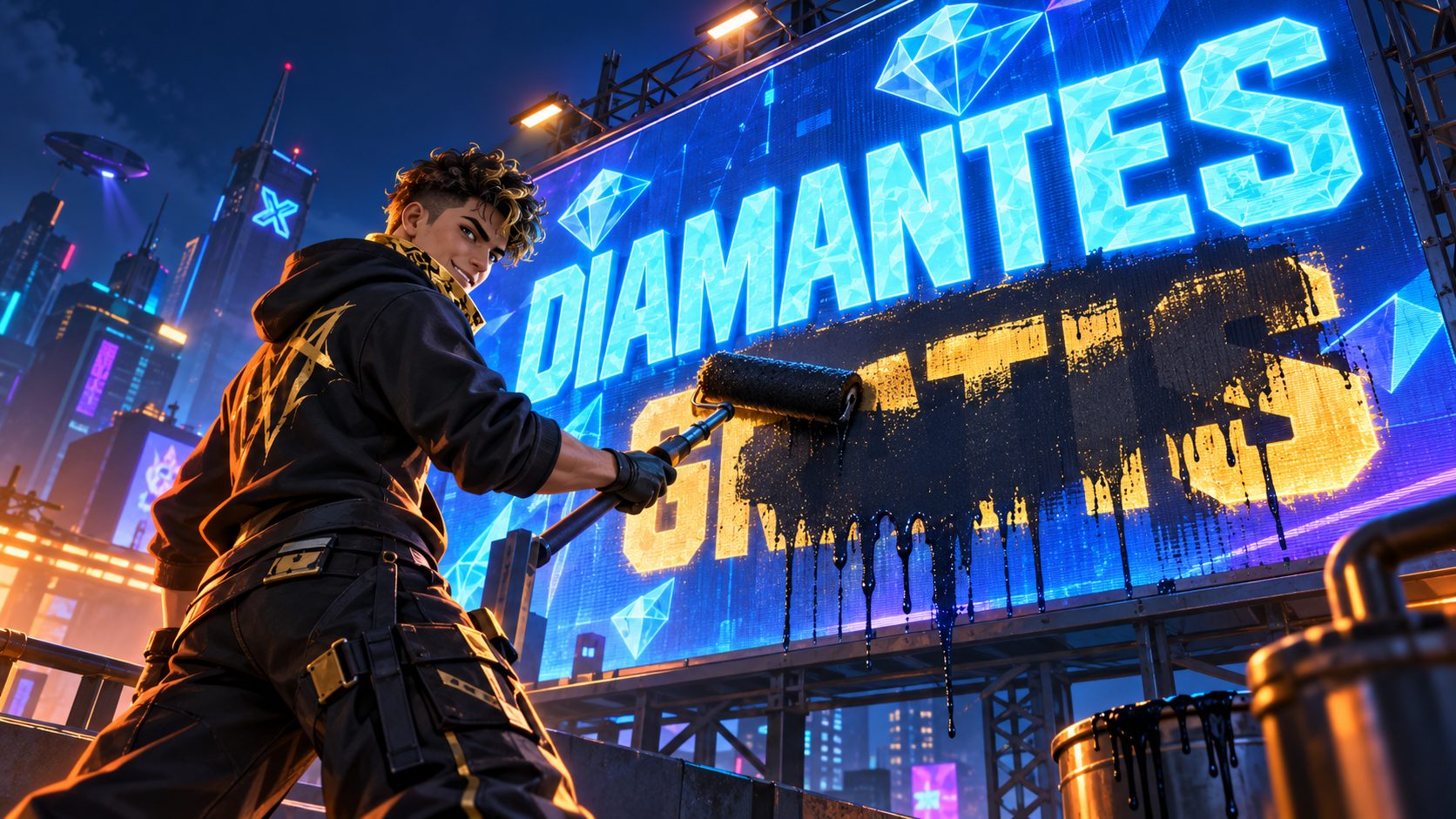 Superviviente de Free Fire tapando con pintura la palabra GRATIS de un cartel de neón que dice DIAMANTES GRATIS