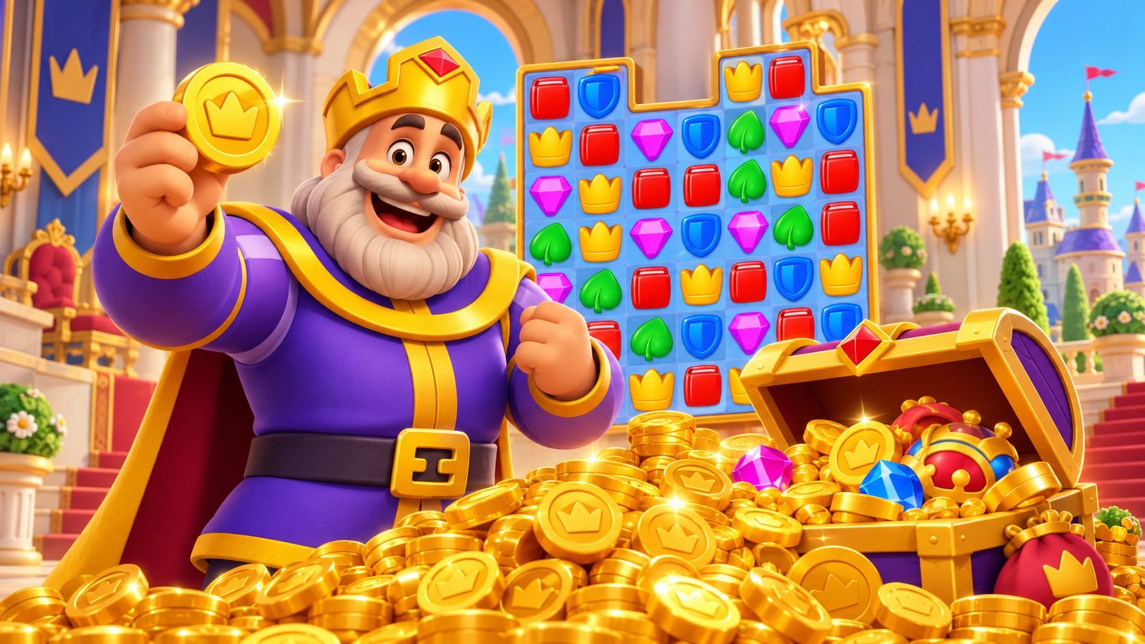 El rey Robert de Royal Match con monedas del juego junto a un tablero de puzles