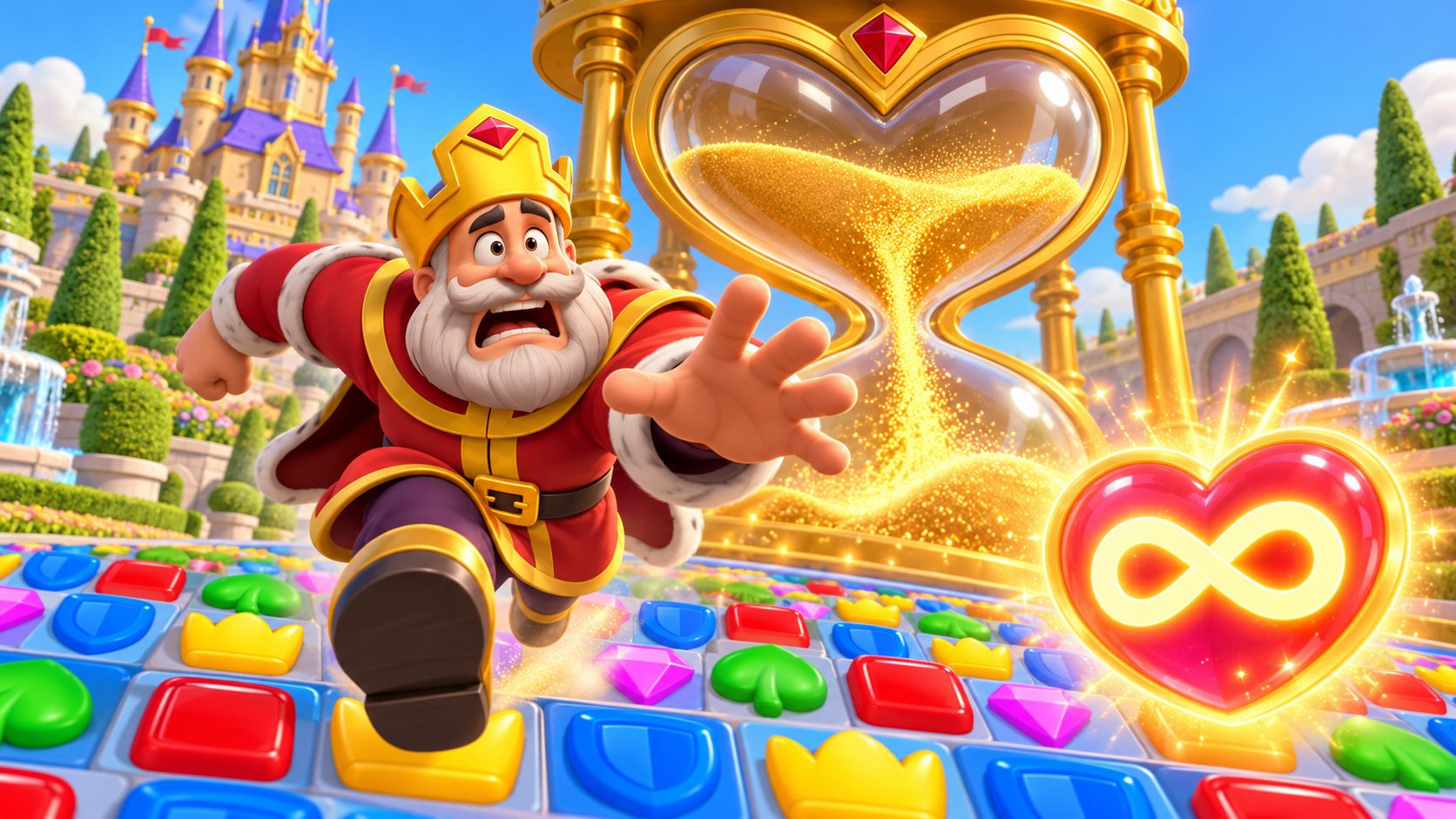El rey Robert de Royal Match corre ante un reloj de arena con forma de corazón que se vacía