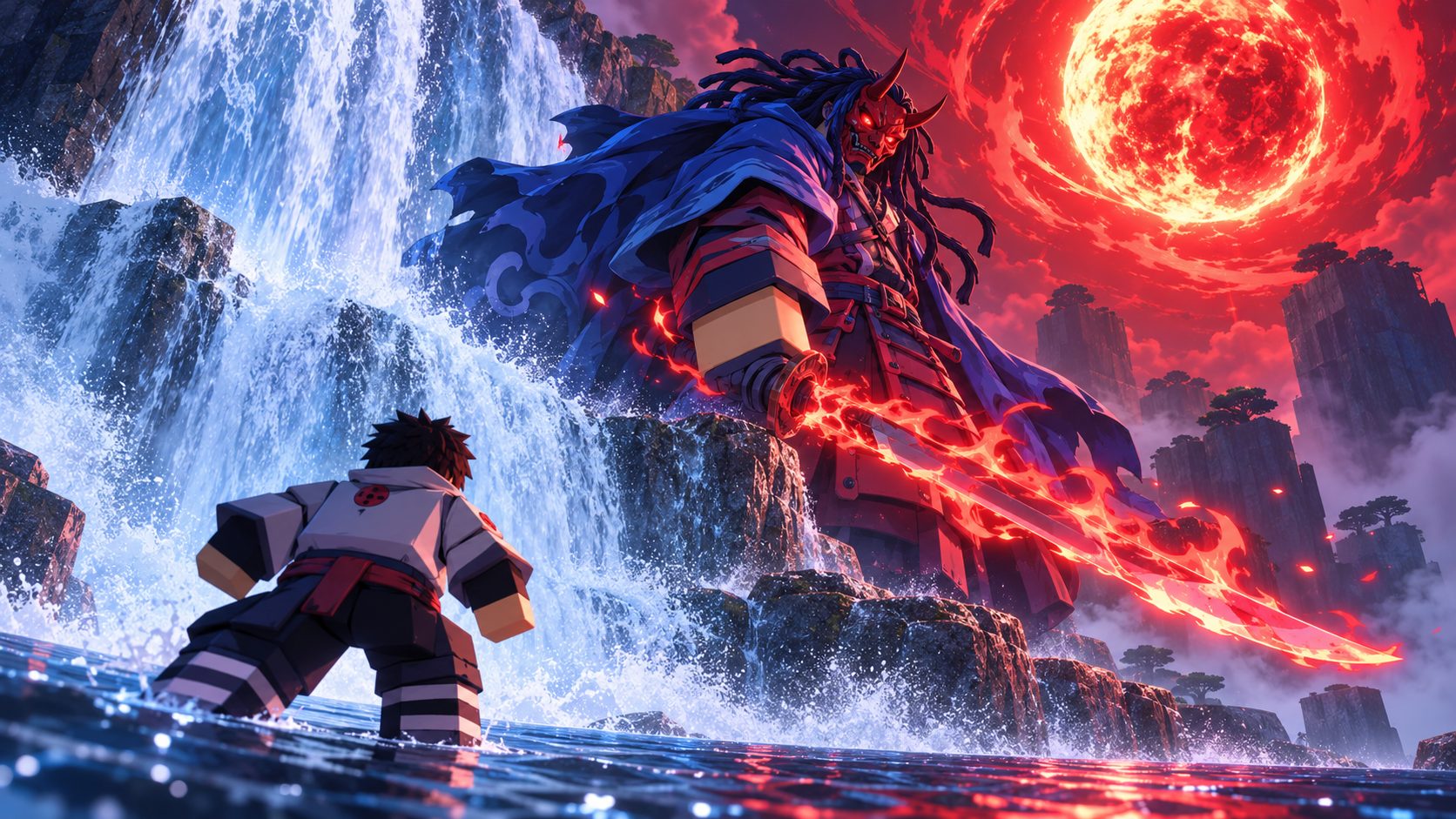 Satori Akuma, boss de Shindo Life, junto a la cascada de Ember Village