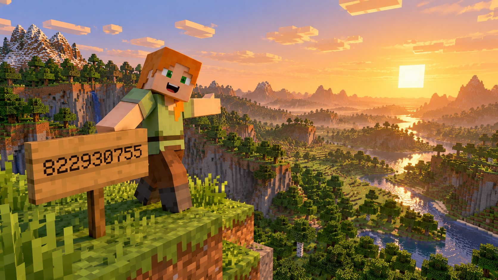 Alex de Minecraft junto a un cartel con la semilla 822930755 sobre un gran valle de bloques al atardecer