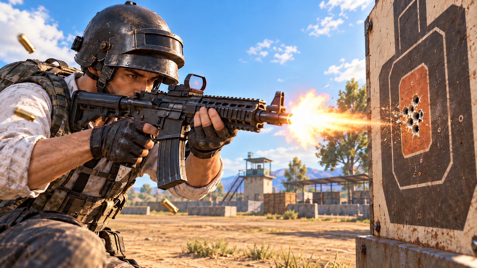 Soldado de PUBG Mobile disparando una ráfaga controlada en el campo de entrenamiento