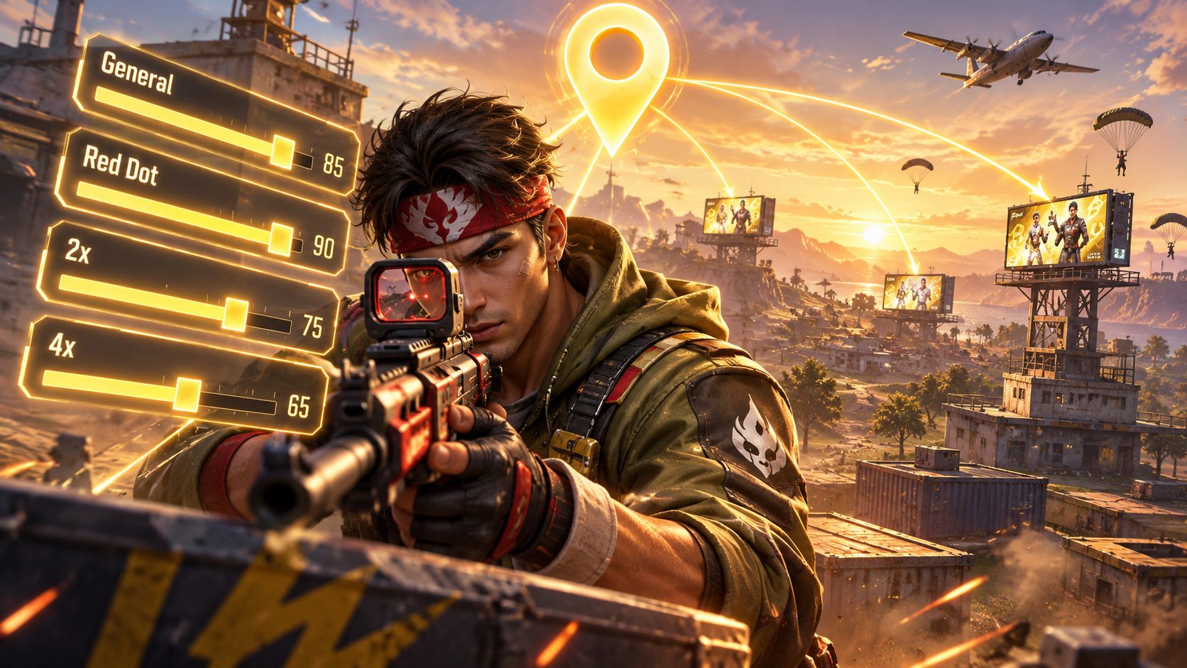 Superviviente de Free Fire apuntando con mira de punto rojo junto a barras de sensibilidad y un pin de ubicación gigante