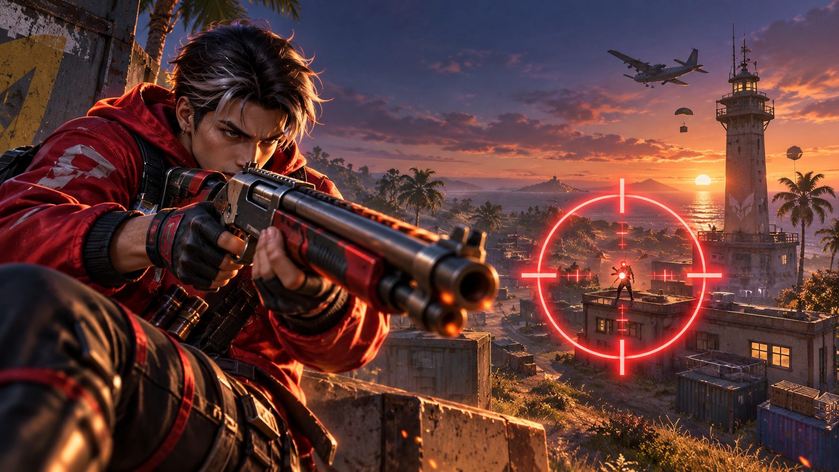 Superviviente de Free Fire apuntando con la mira de punto rojo fija en el objetivo