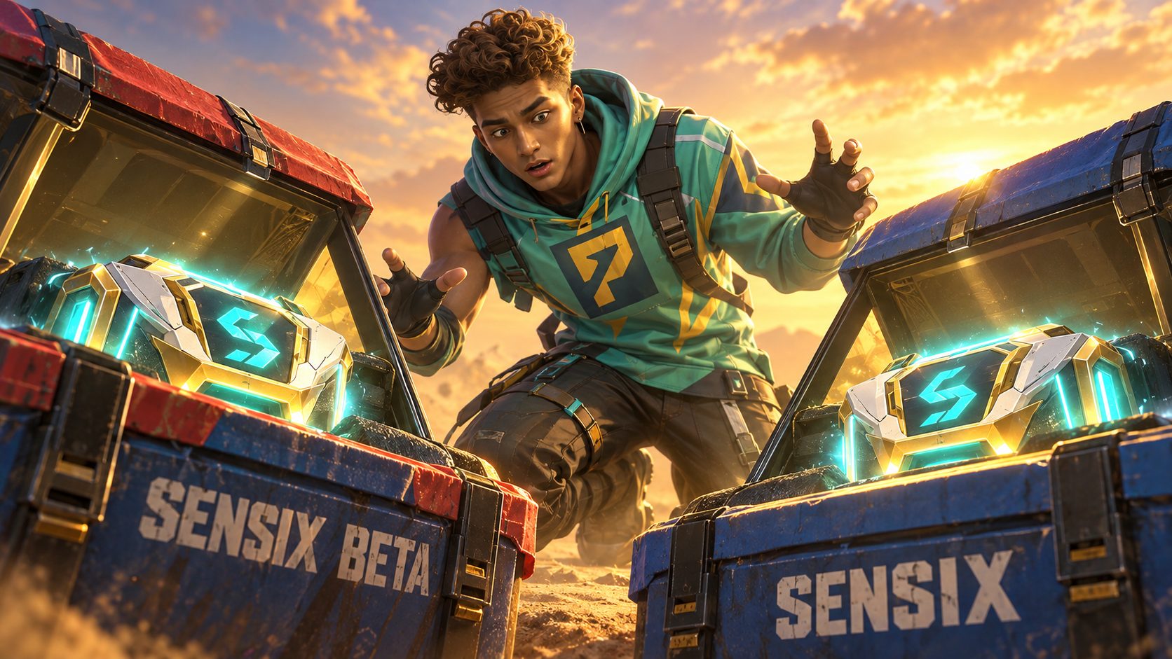 Superviviente de Free Fire entre dos cajas de suministros abiertas, rotuladas SENSIX BETA y SENSIX, con el mismo paquete dentro