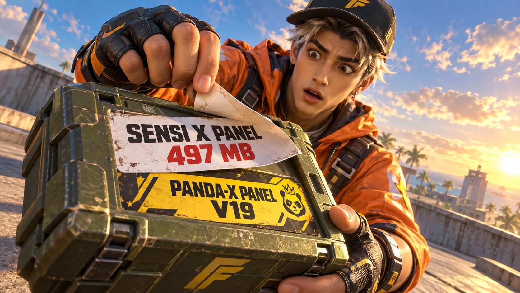 Superviviente de Free Fire despegando una etiqueta de Sensi X Panel 497 MB de una caja de munición y descubriendo debajo otra que pone Panda-X Panel V19