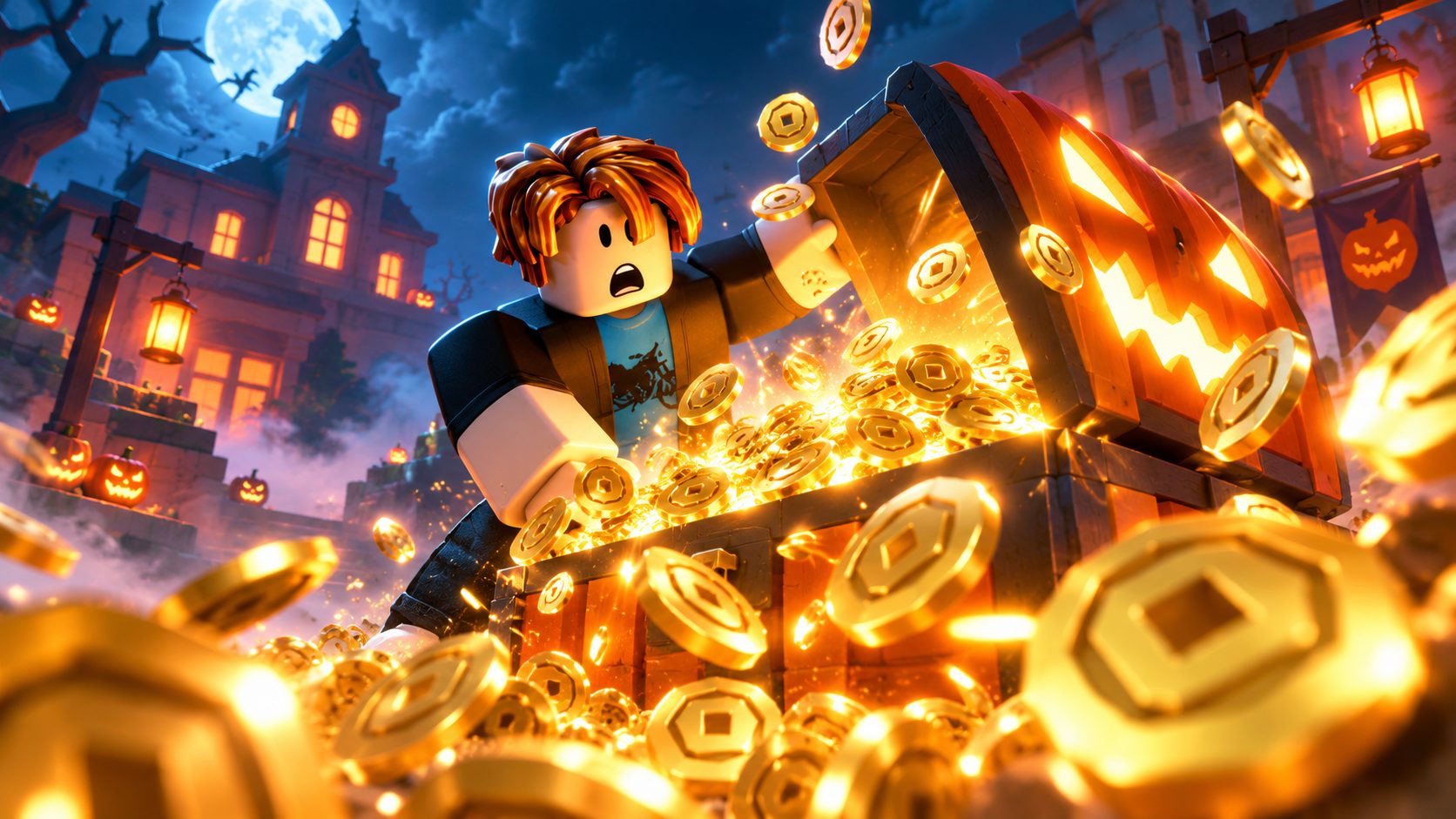 Avatar de Roblox abre un cofre de calabaza lleno de Robux en un mapa de Halloween