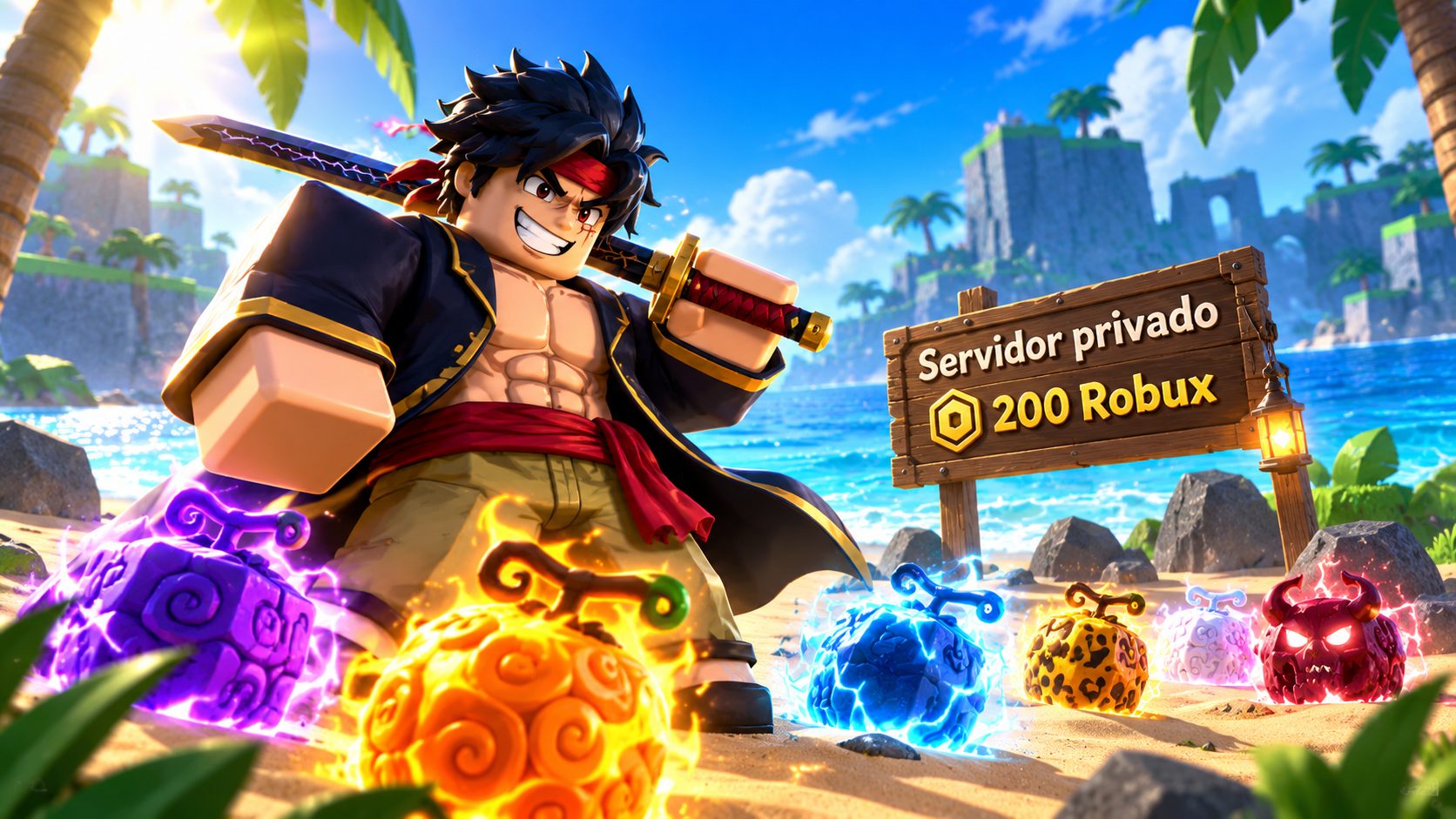 Pirata de Blox Fruits solo en una isla con varias frutas a su alrededor