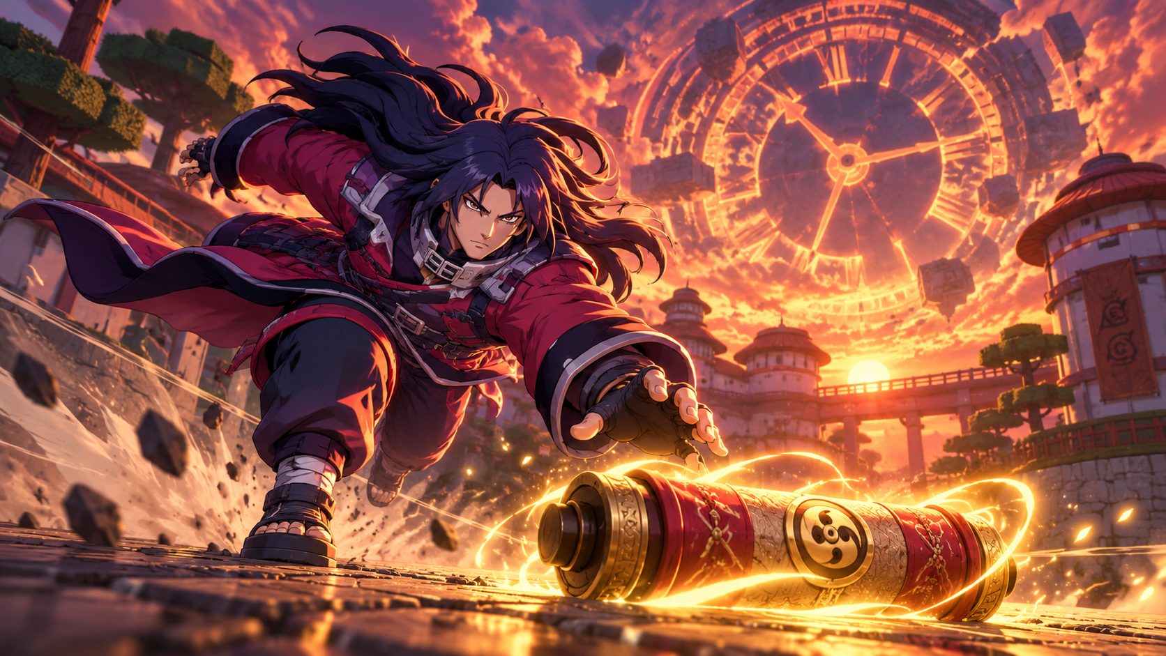 Ninja de Shindo Life corriendo hacia un pergamino brillante bajo un reloj gigante