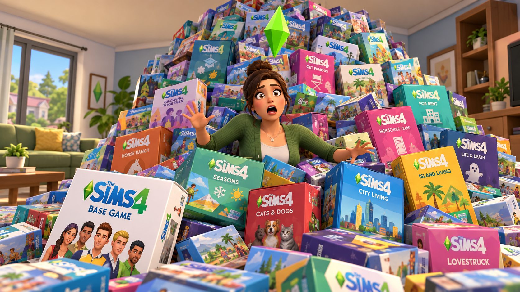 Una Sim rodeada de una montaña de packs de expansión de Los Sims 4