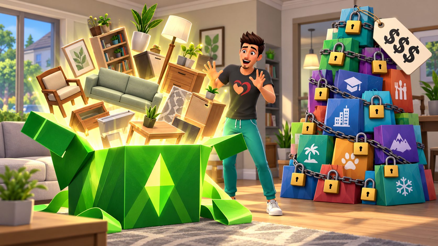 Un Sim sorprendido ante un regalo gigante con muebles de Los Sims 4 y una pila de packs de pago detrás