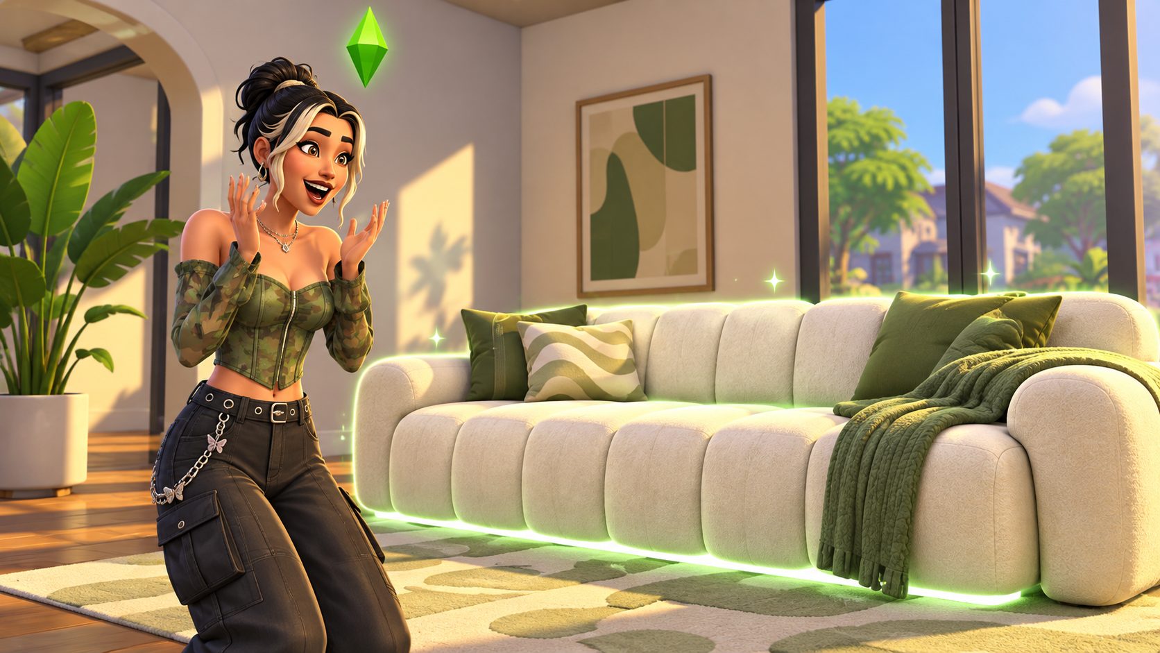 Sim con ropa y sofá nuevos de mods en Los Sims 4