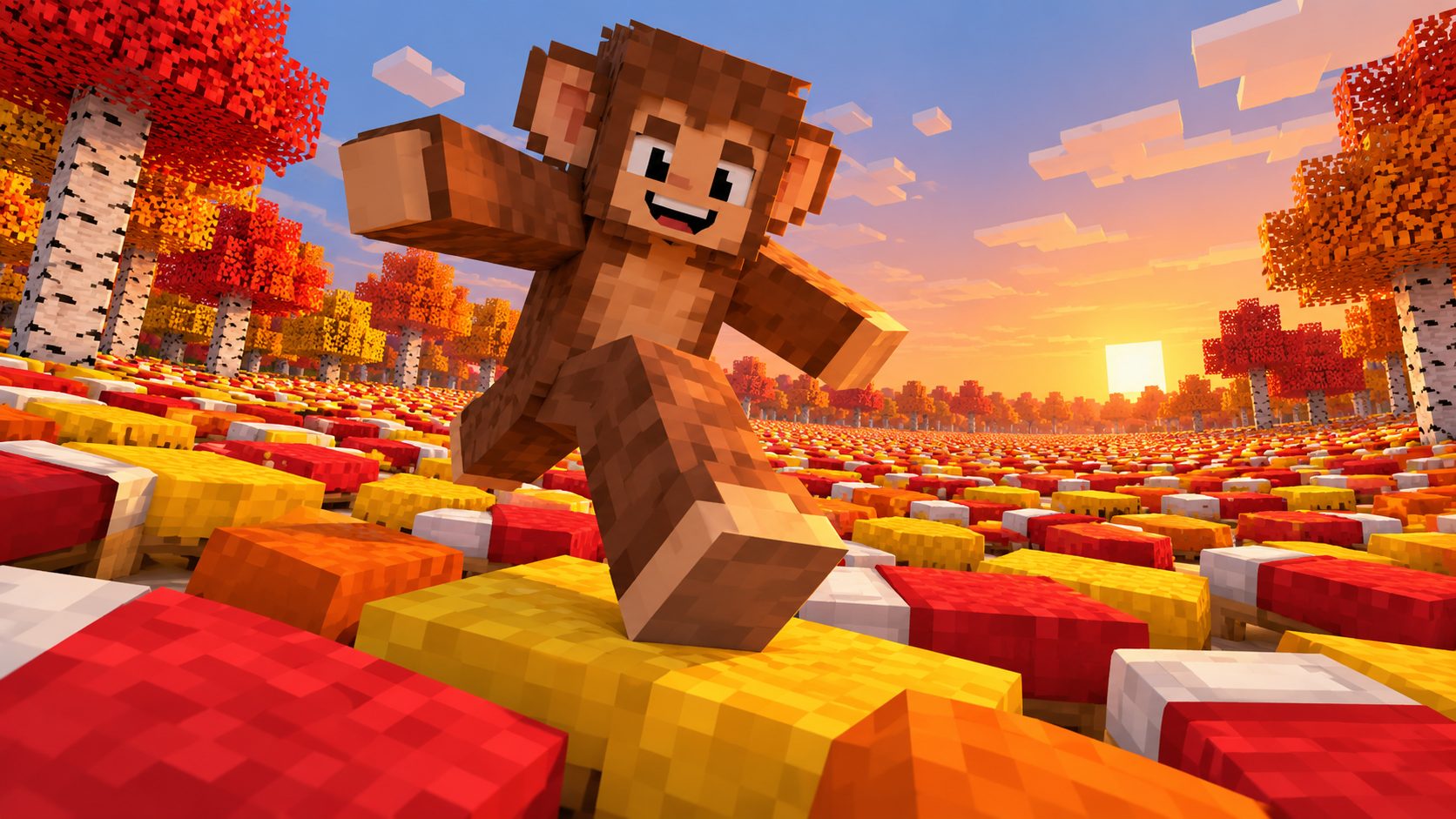 Jugador de Minecraft con la skin gratis de Bigfoot sobre un mar de camas de paja y cojines