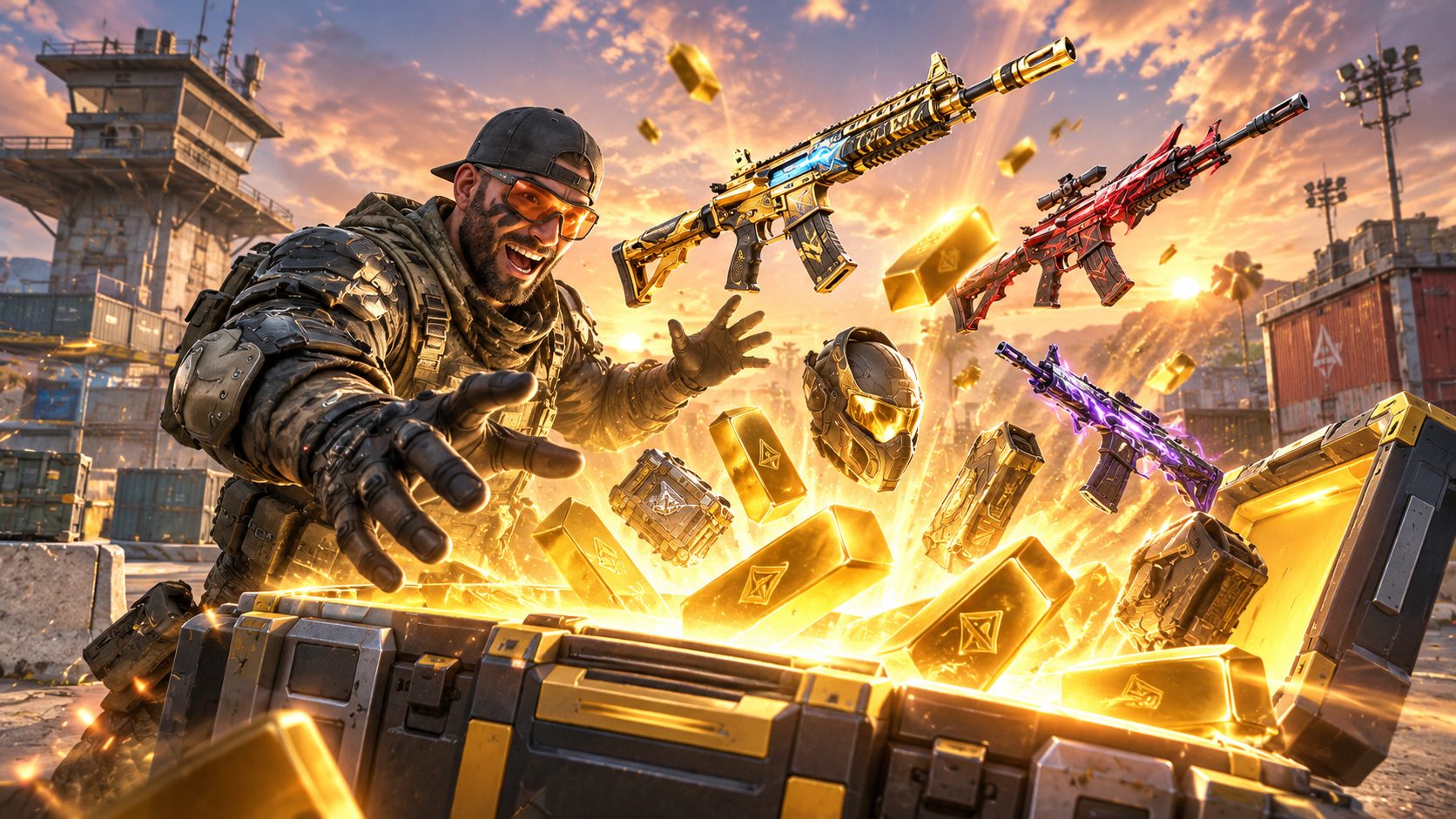 Soldado de Blood Strike sorprendido ante una caja de suministros que suelta oro y skins