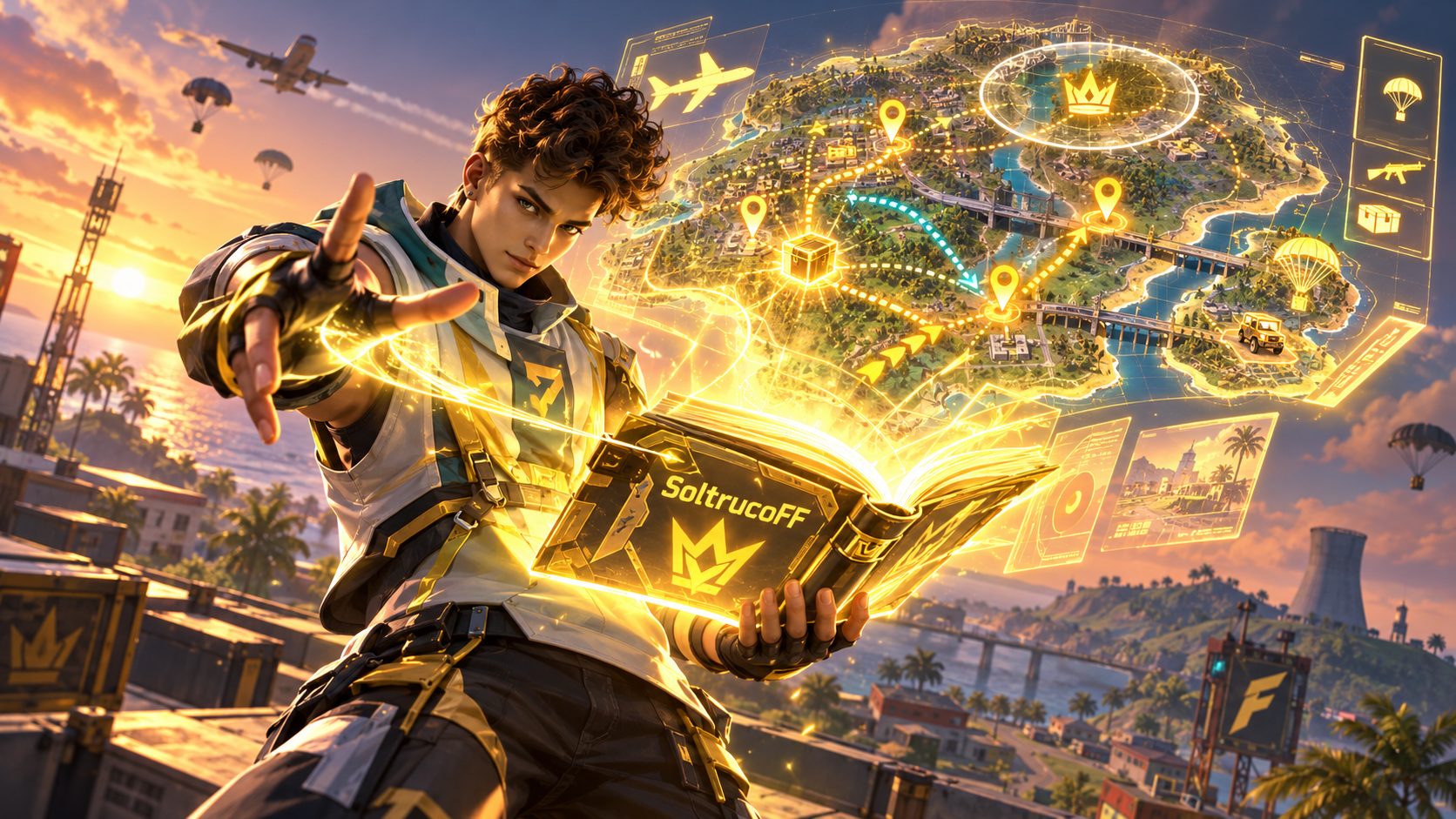 Superviviente de Free Fire sostiene un libro dorado de trucos SoltrucoFF con rutas del mapa flotando