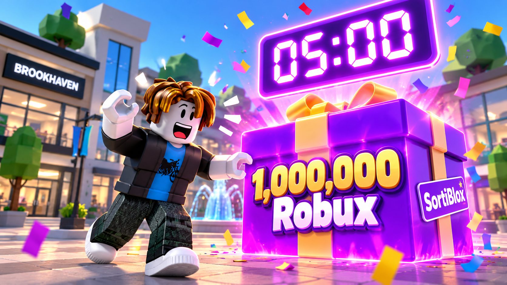 Avatar de Roblox ante una caja de 1 millón de Robux con una cuenta atrás de 5 minutos