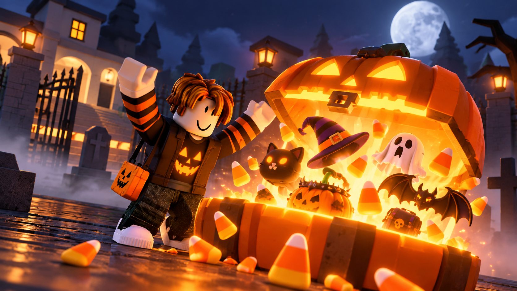 Avatar de Roblox abriendo un cofre de recompensas de Halloween
