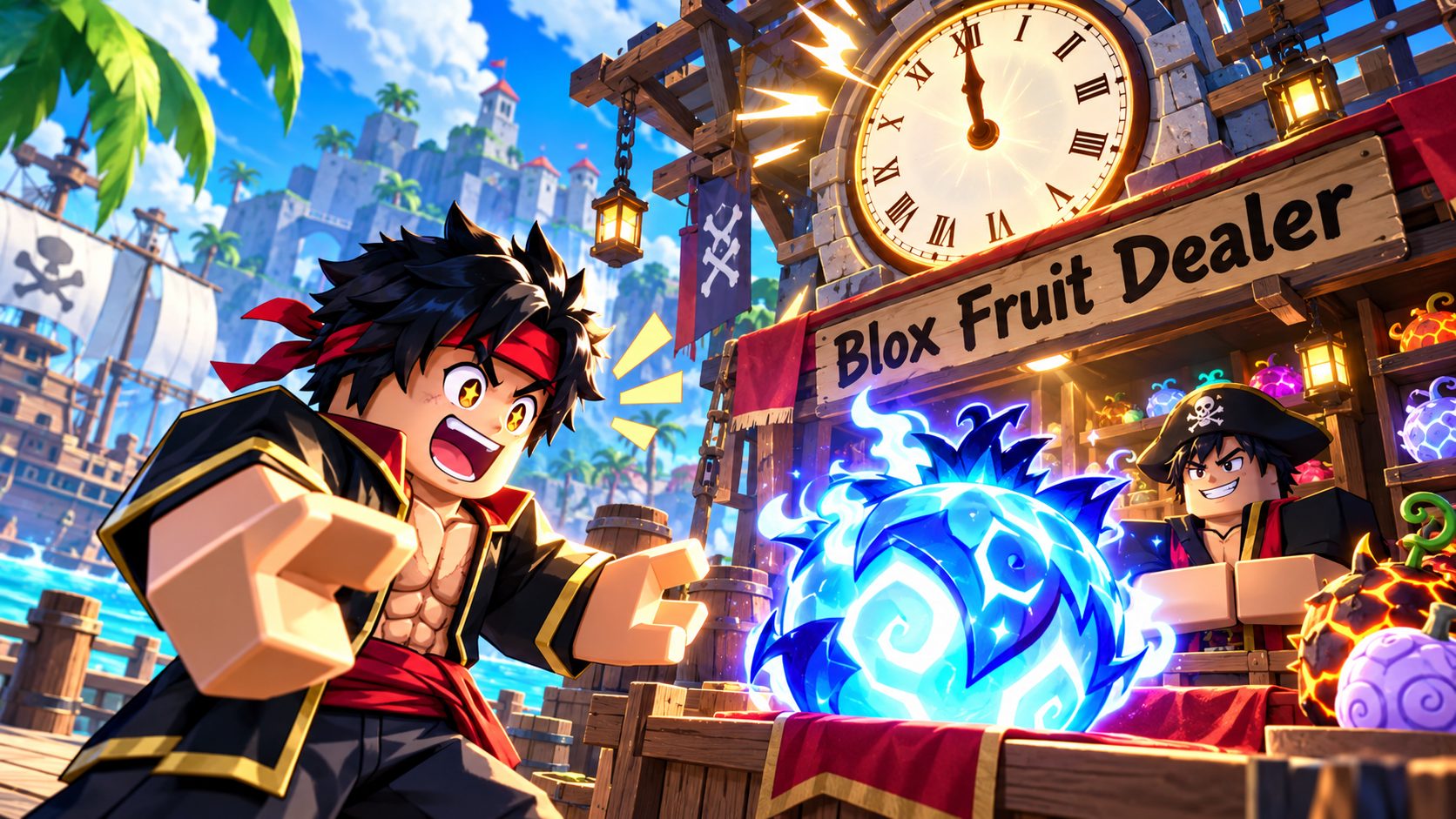 Jugador de Blox Fruits ante el vendedor de frutas cuando cambia el stock