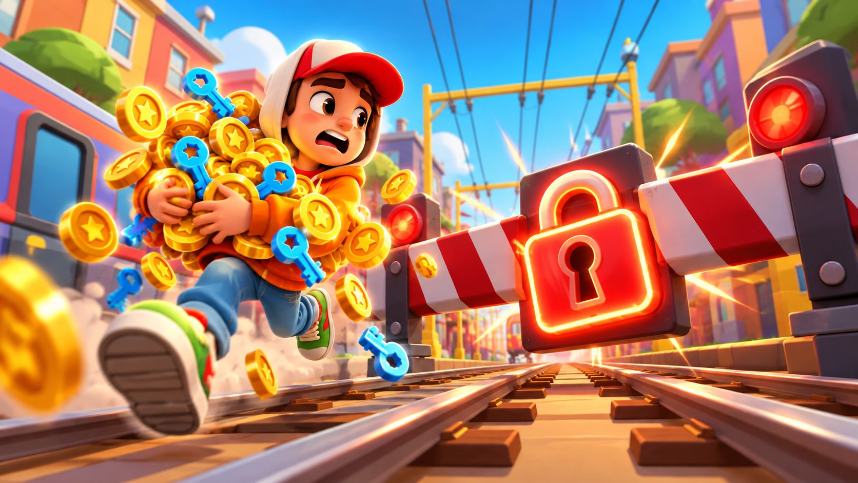 Jake de Subway Surfers con un montón de monedas y llaves ante una barrera con candado