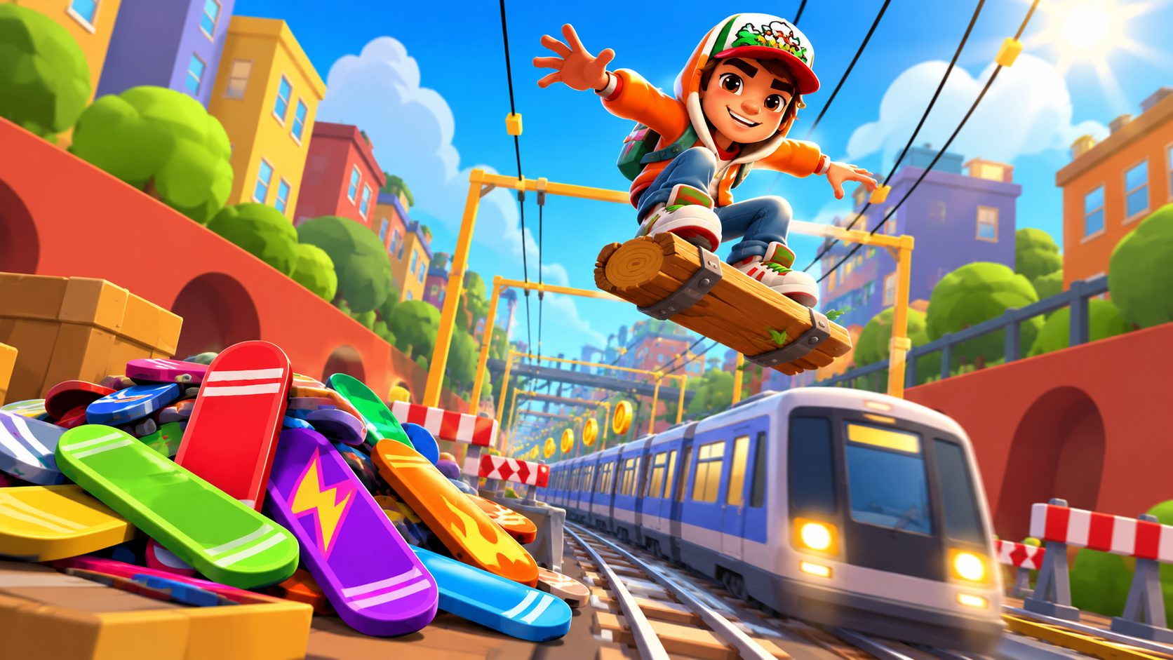 Surfer de Subway Surfers haciendo un doble salto con una tabla de madera sobre un tren