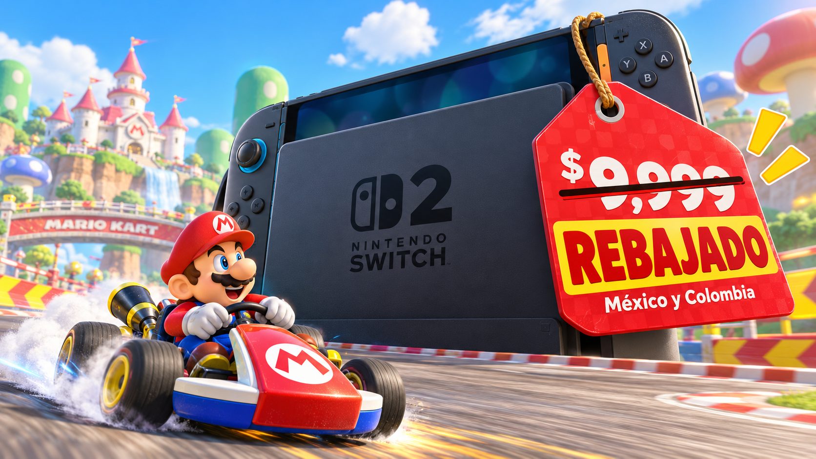 Mario pasa en su kart junto a una Nintendo Switch 2 gigante con una etiqueta de precio rebajado