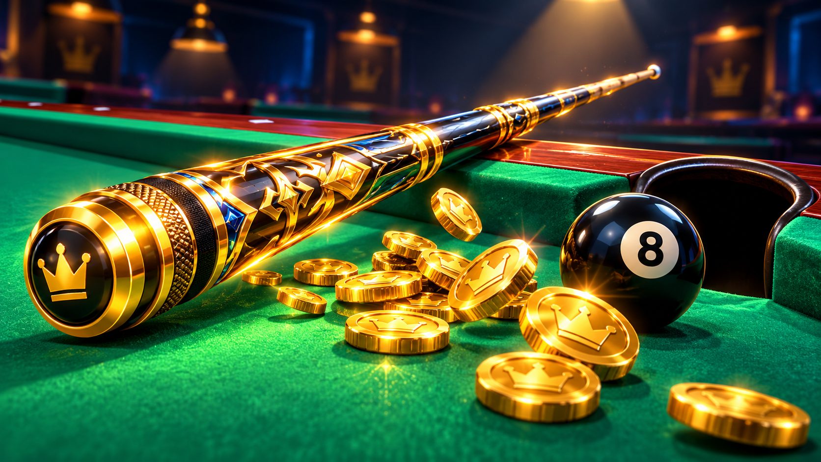 Taco legendario sobre la mesa de 8 Ball Pool con monedas de oro cayendo sobre el tapete