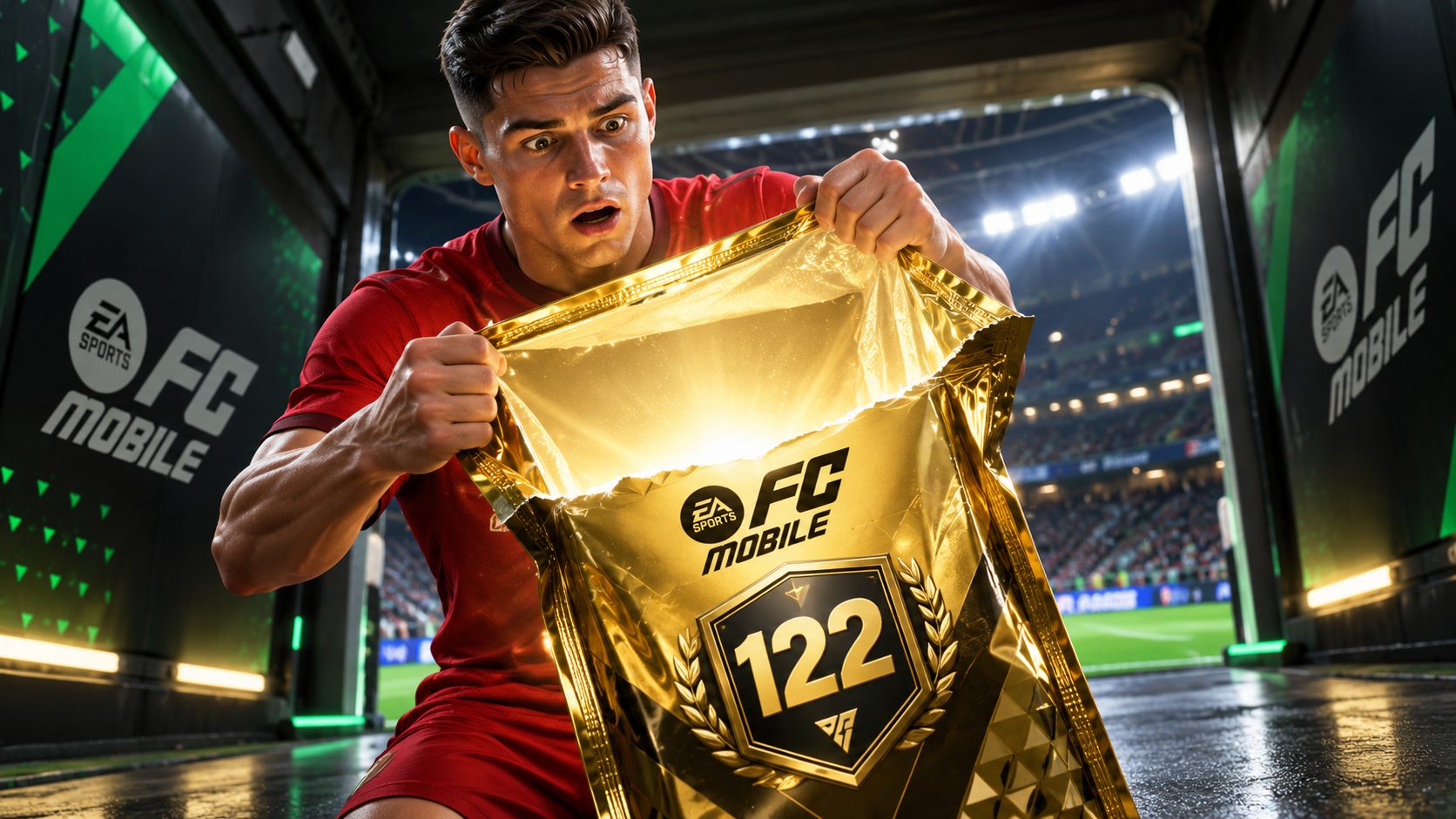 Un futbolista de FC Mobile abre un sobre dorado y lo encuentra vacío
