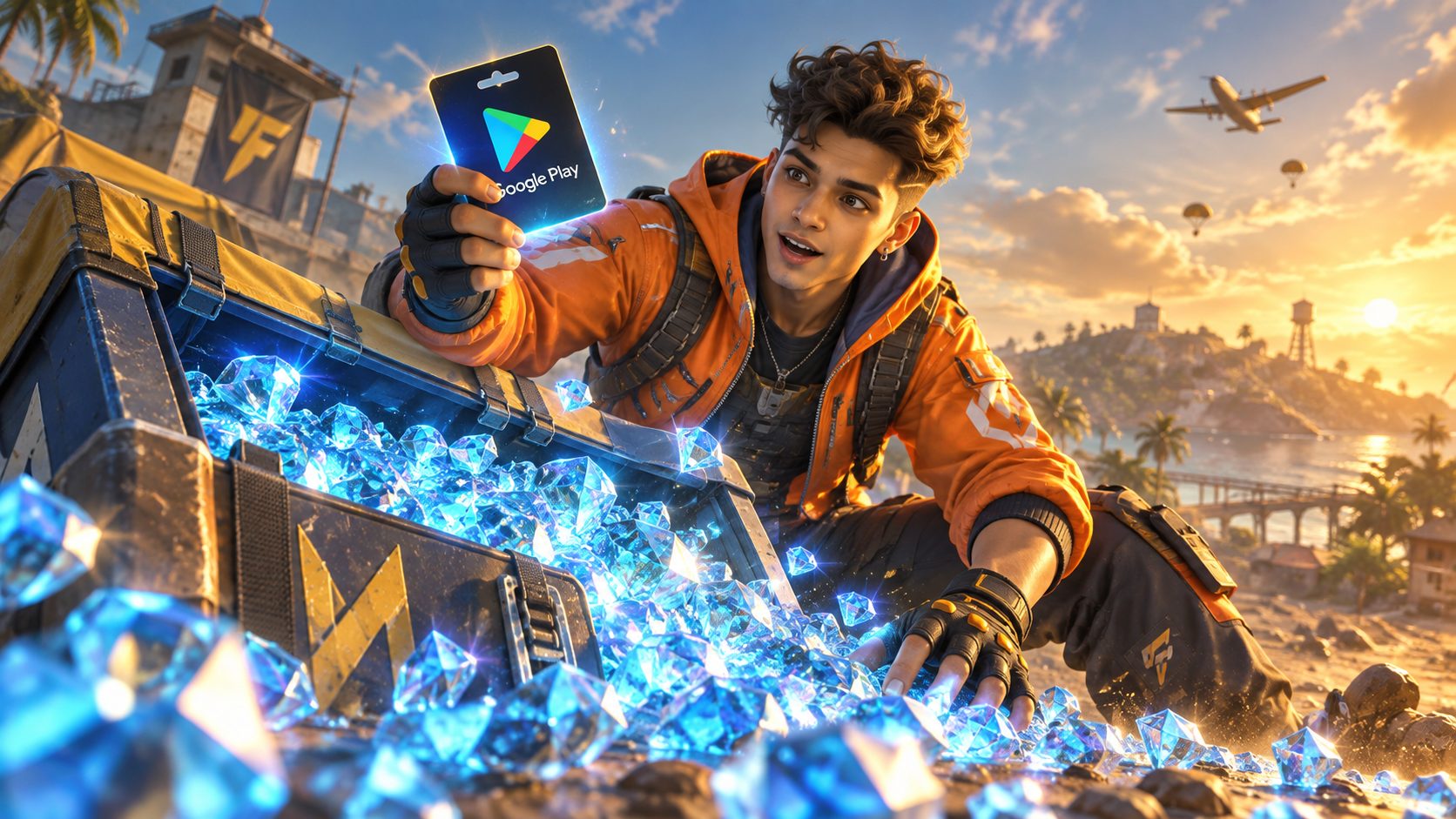 Superviviente de Free Fire saca una tarjeta Google Play de una caja de suministros llena de diamantes