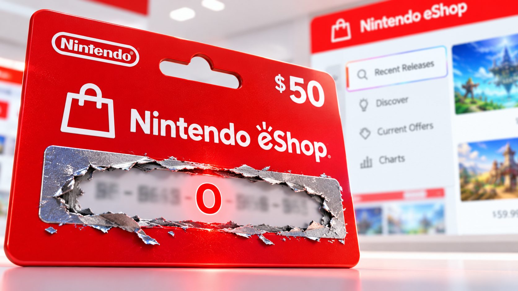 Tarjeta Nintendo eShop con el código rascado y una letra O marcada en rojo