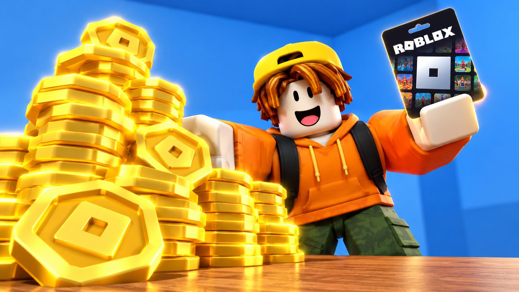 Un avatar de Roblox entrega una montaña de puntos dorados en un mostrador y levanta una tarjeta regalo de Roblox