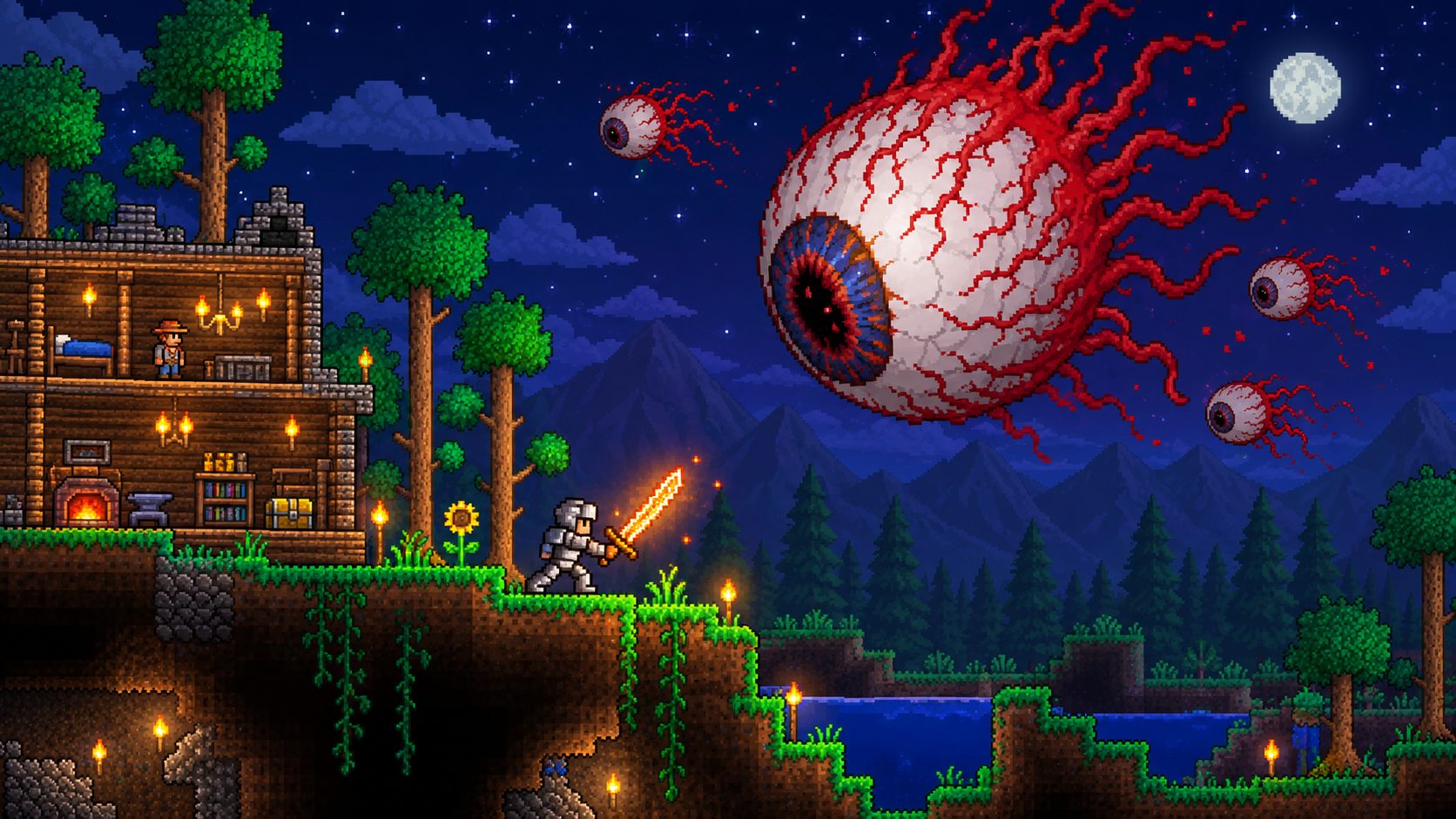 Jugador de Terraria con espada brillante frente al Ojo de Cthulhu en un bosque de noche