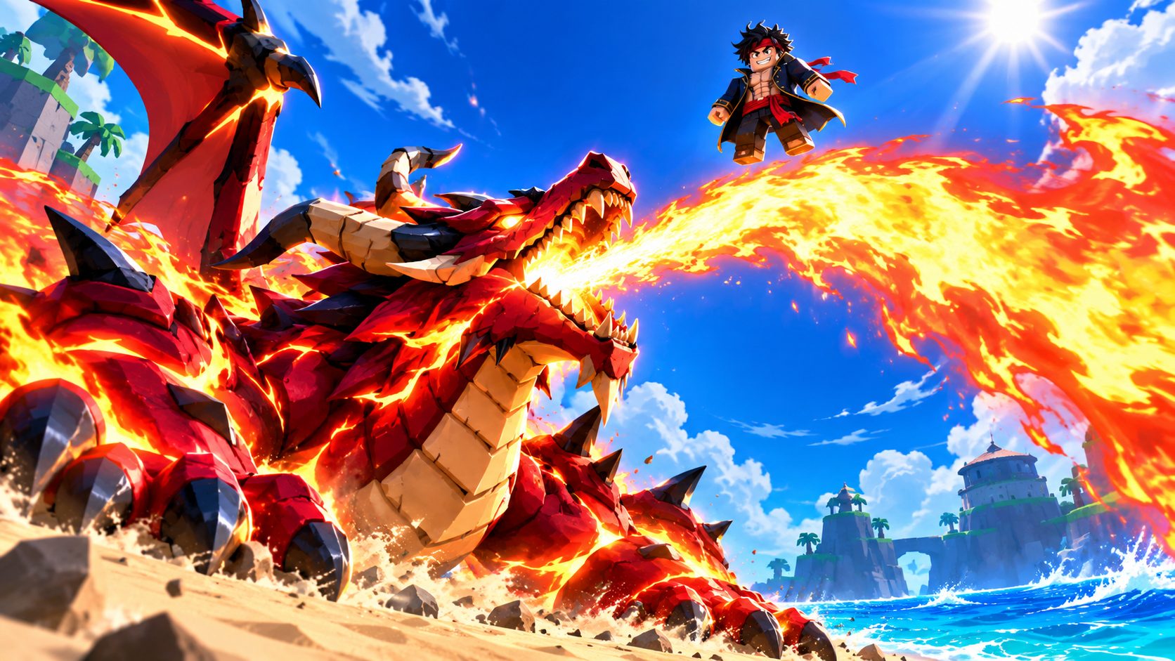 El Dragon de Blox Fruits lanza fuego hacia arriba sin alcanzar a un jugador que flota en el cielo