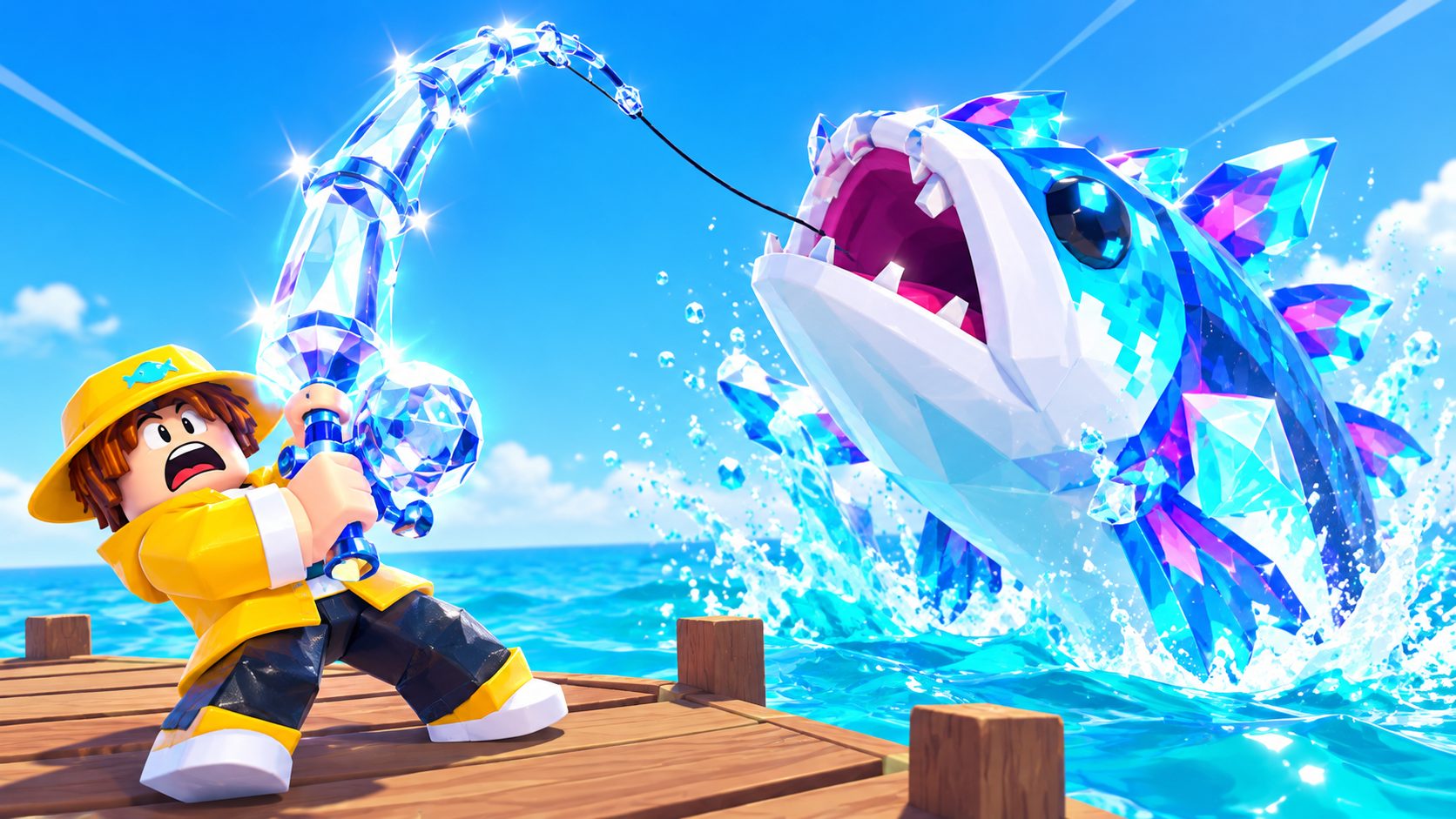 Avatar de Roblox en Fish It sujetando una enorme caña de diamante brillante