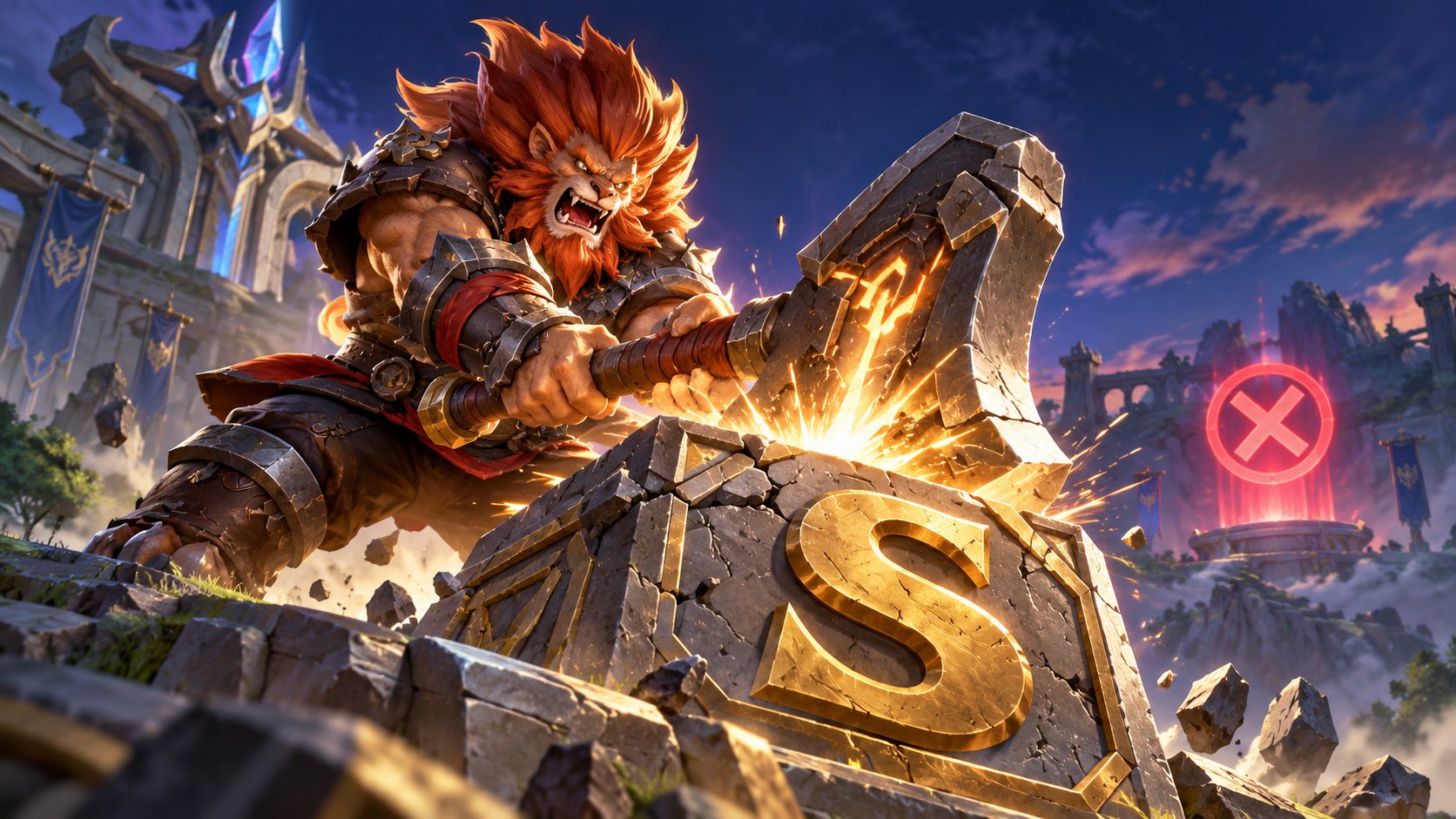Aulus de Mobile Legends golpea con su hacha un bloque de piedra con la letra S mientras al fondo brilla una cruz roja de baneo