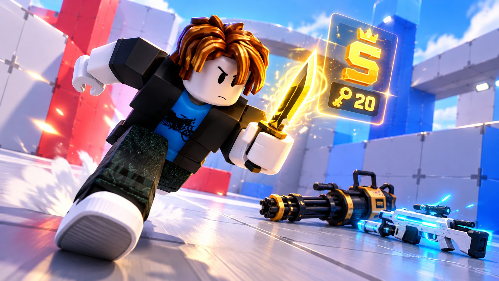 Avatar de Roblox con un cuchillo en una arena de RIVALS
