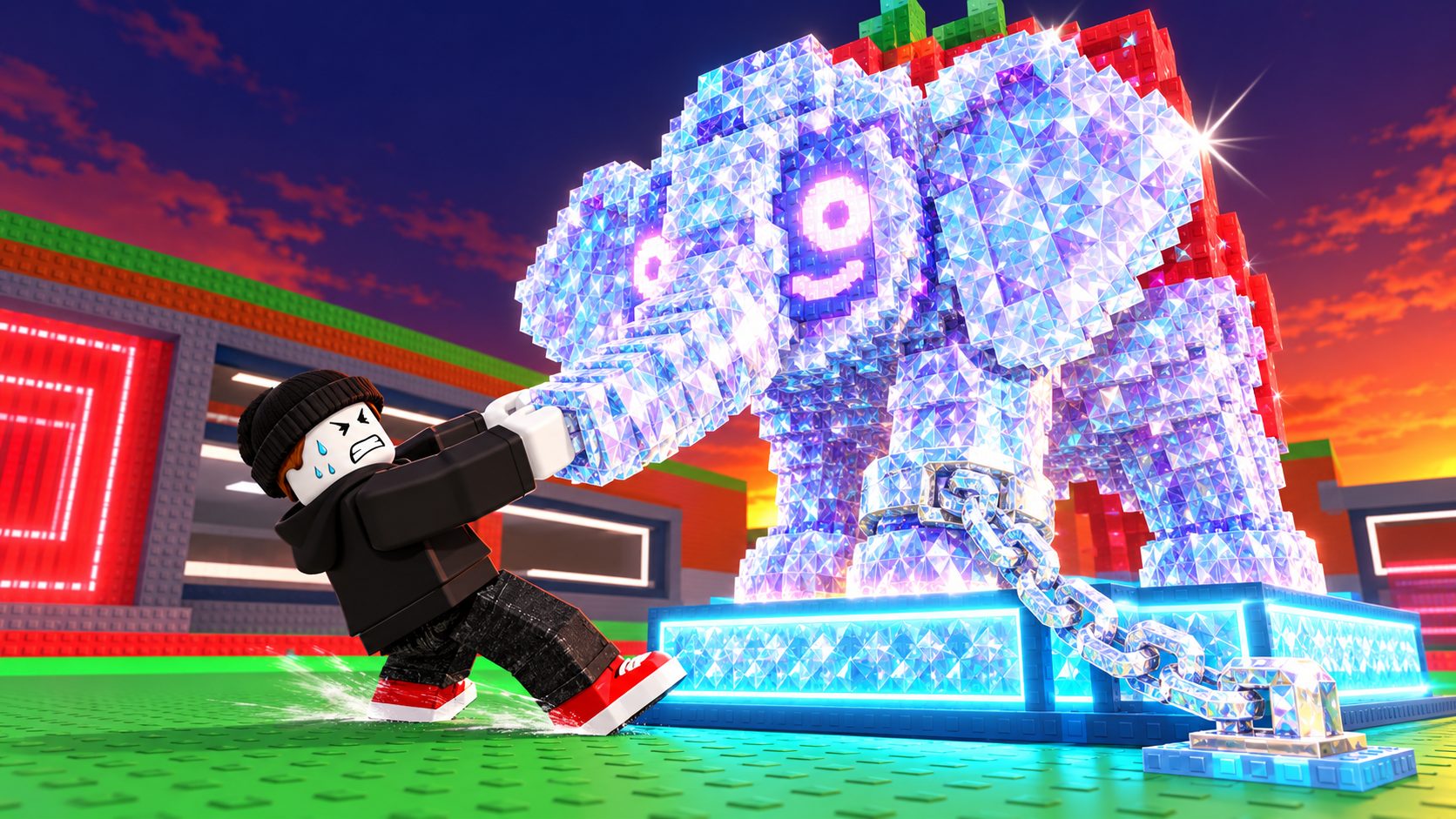 Un avatar de Roblox intenta llevarse un elefante cubierto de diamantes encadenado a su base en Steal a Brainrot