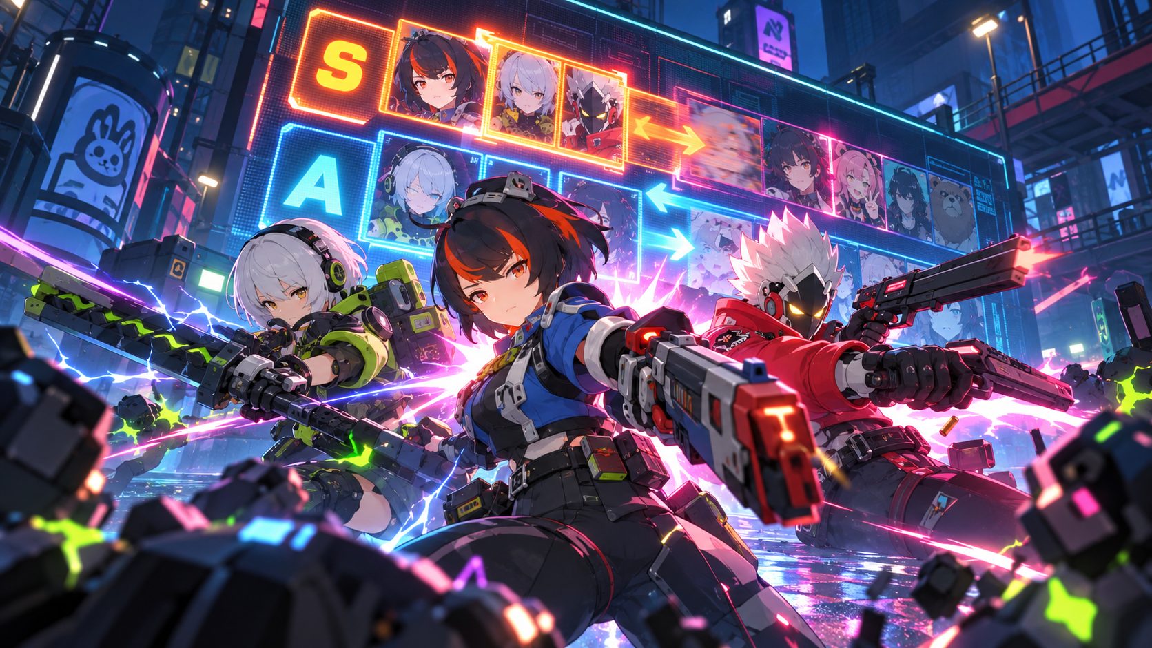 Tres agentes de Zenless Zone Zero combaten juntos frente a una tier list que se reordena