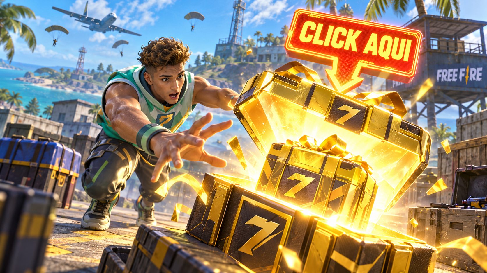 Superviviente de Free Fire abre un regalo gigante con el cartel CLICK AQUI y dentro hay otro regalo