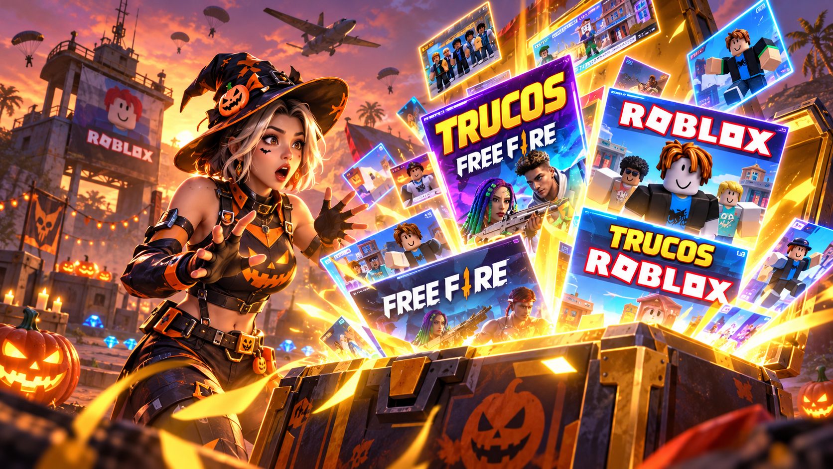 Personaje de Free Fire sorprendido ante un cofre lleno de anuncios en un mapa con calabazas de Halloween