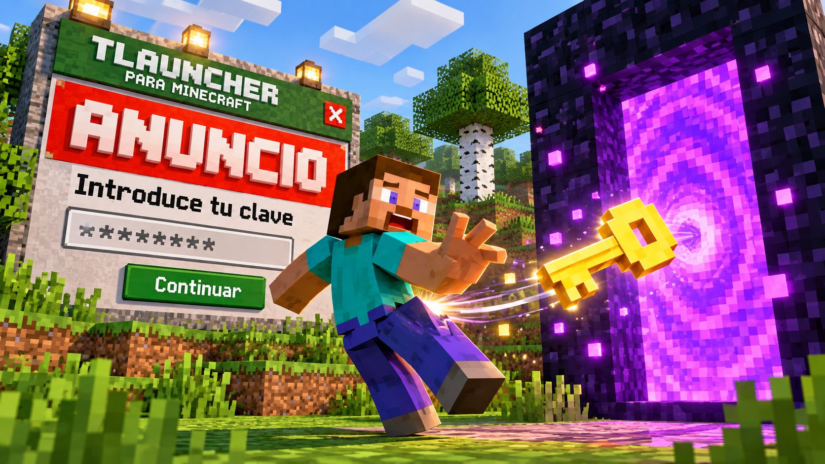 Personaje de Minecraft sorprendido mientras una llave dorada sale volando hacia un portal y aparece un gran anuncio