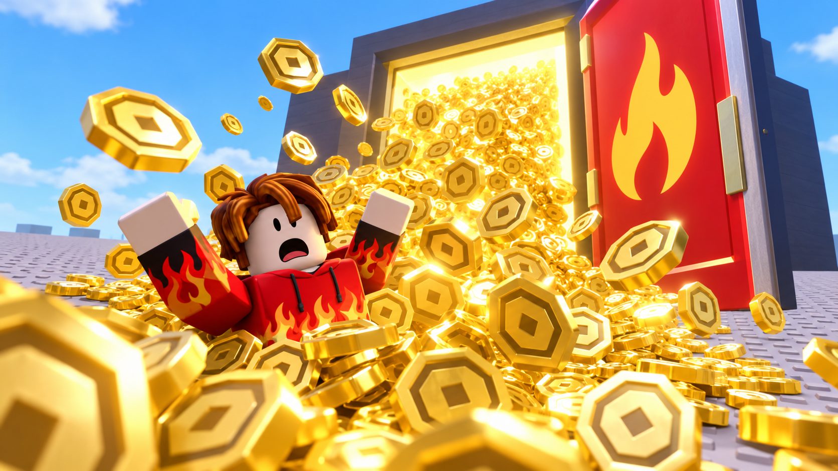 Avatar de Roblox sorprendido ante una puerta con una llama de la que salen monedas de Robux