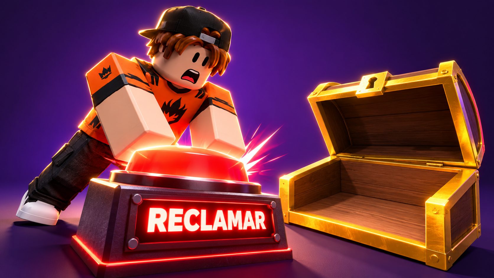 Avatar de Roblox pulsa un enorme botón rojo de Reclamar junto a un cofre vacío