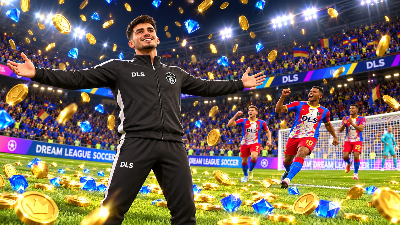 Mánager de Dream League Soccer en el estadio bajo una lluvia de monedas y gemas
