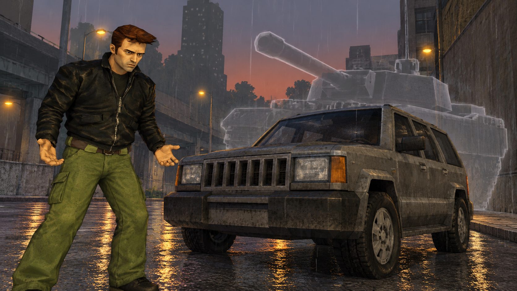 Claude de GTA 3 en Liberty City frente a un Landstalker en lugar del tanque Rhino