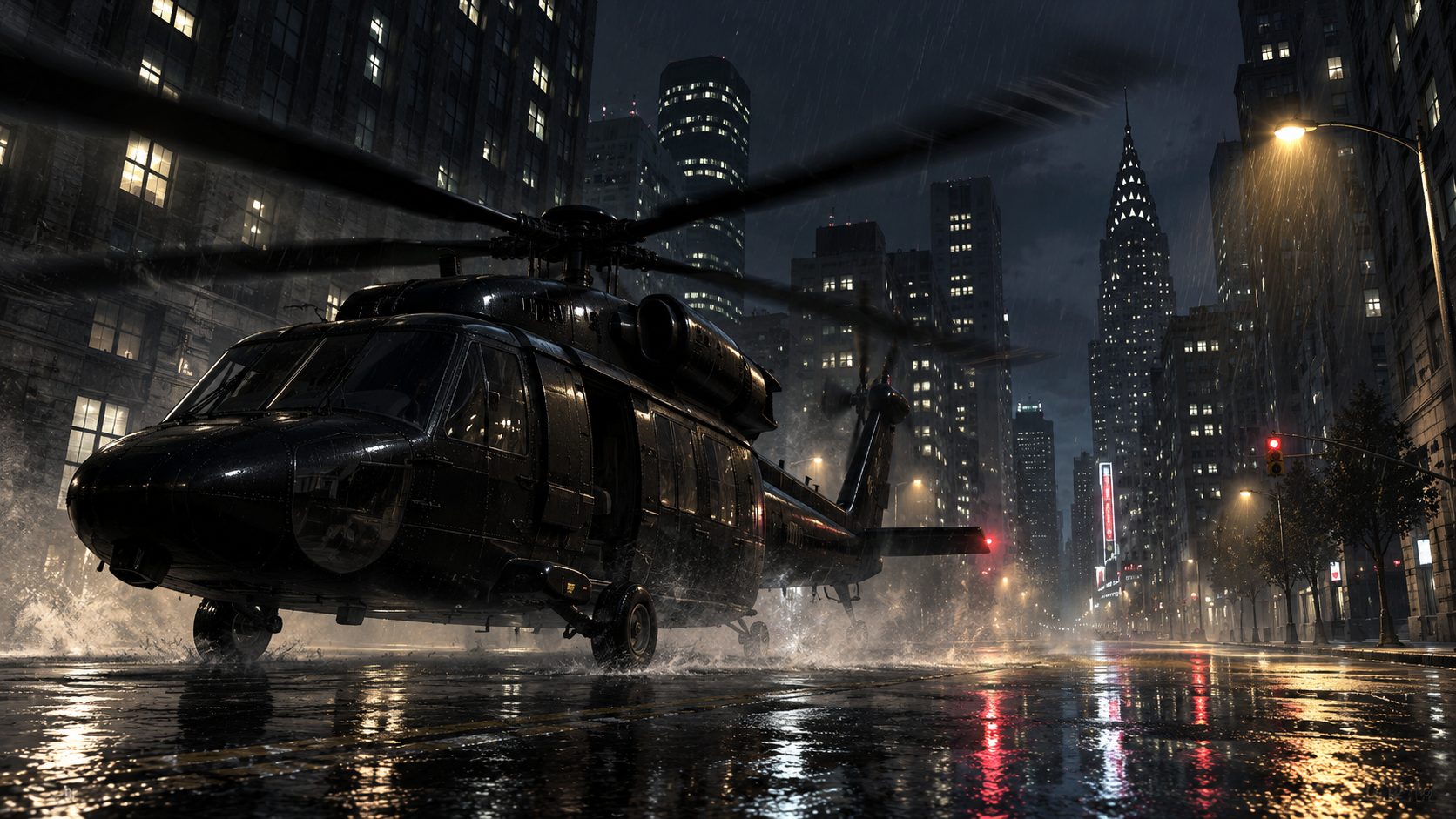 Helicóptero Annihilator negro aterrizando en una avenida mojada de Liberty City en GTA 4