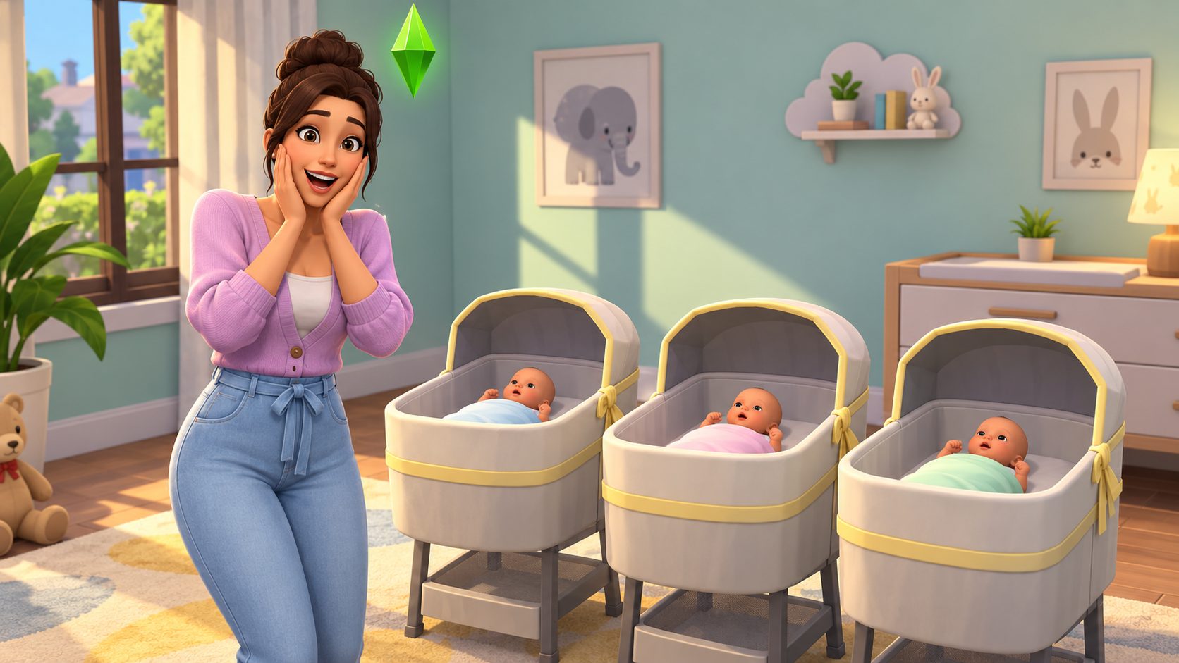Una Sim de Los Sims 4 sorprendida junto a tres cunas con trillizos